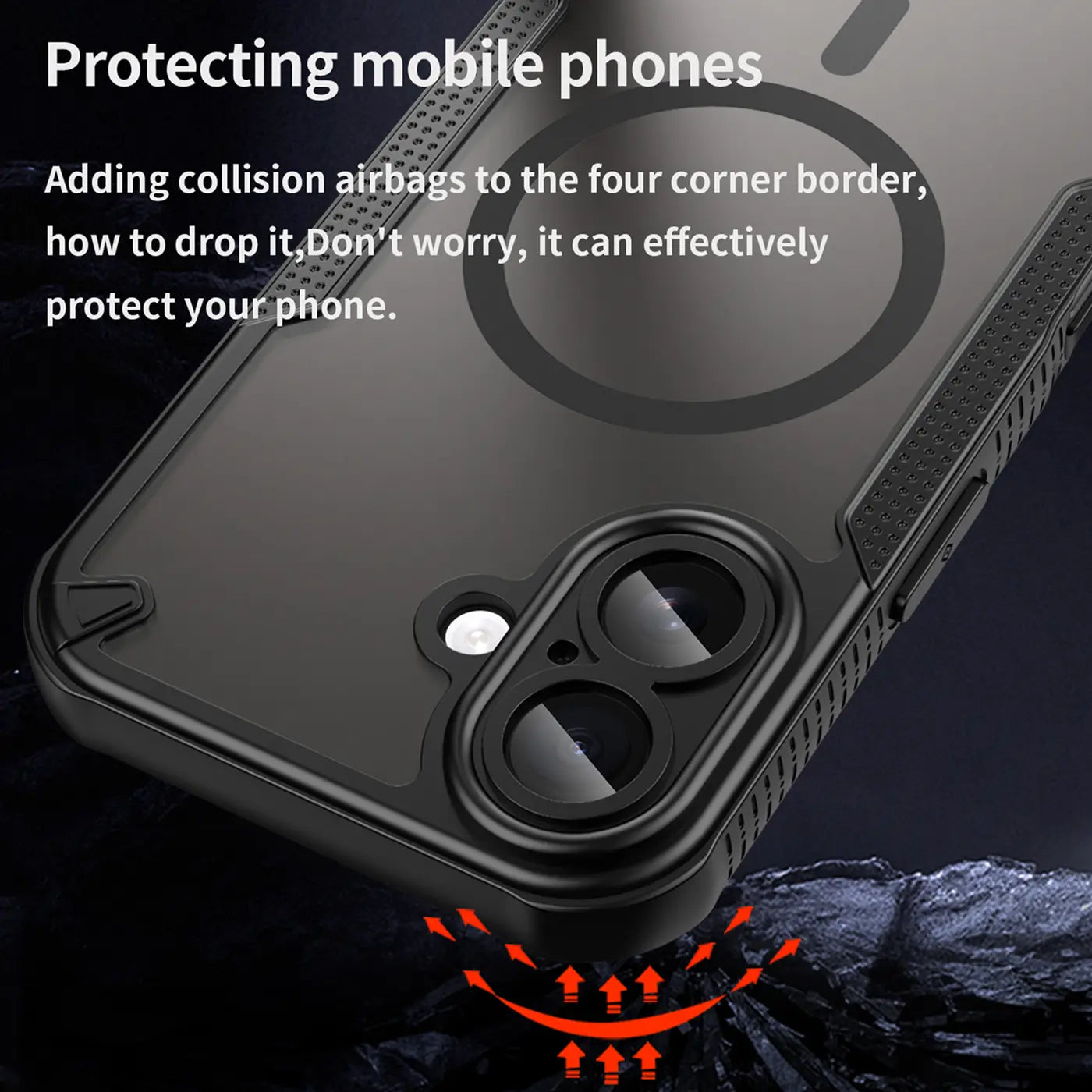 Schwarzes, stoßfestes MagSafe-Case für iPhone 17, Nahaufnahme von hinten, mit Kameraaussparung.
