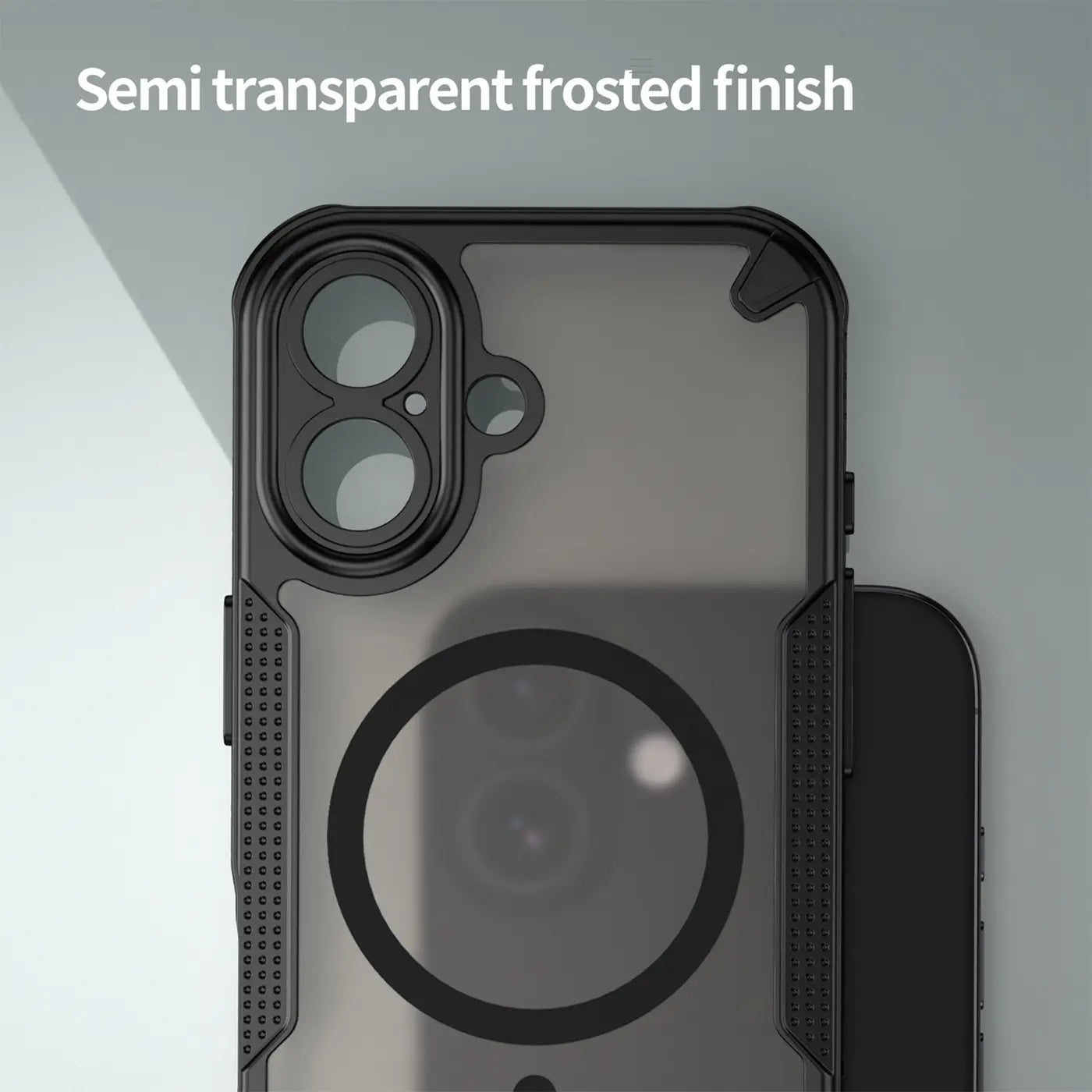 Schwarzes, halbtransparentes, mattes Handyhülle mit MagSafe-Ring, Nahaufnahme.