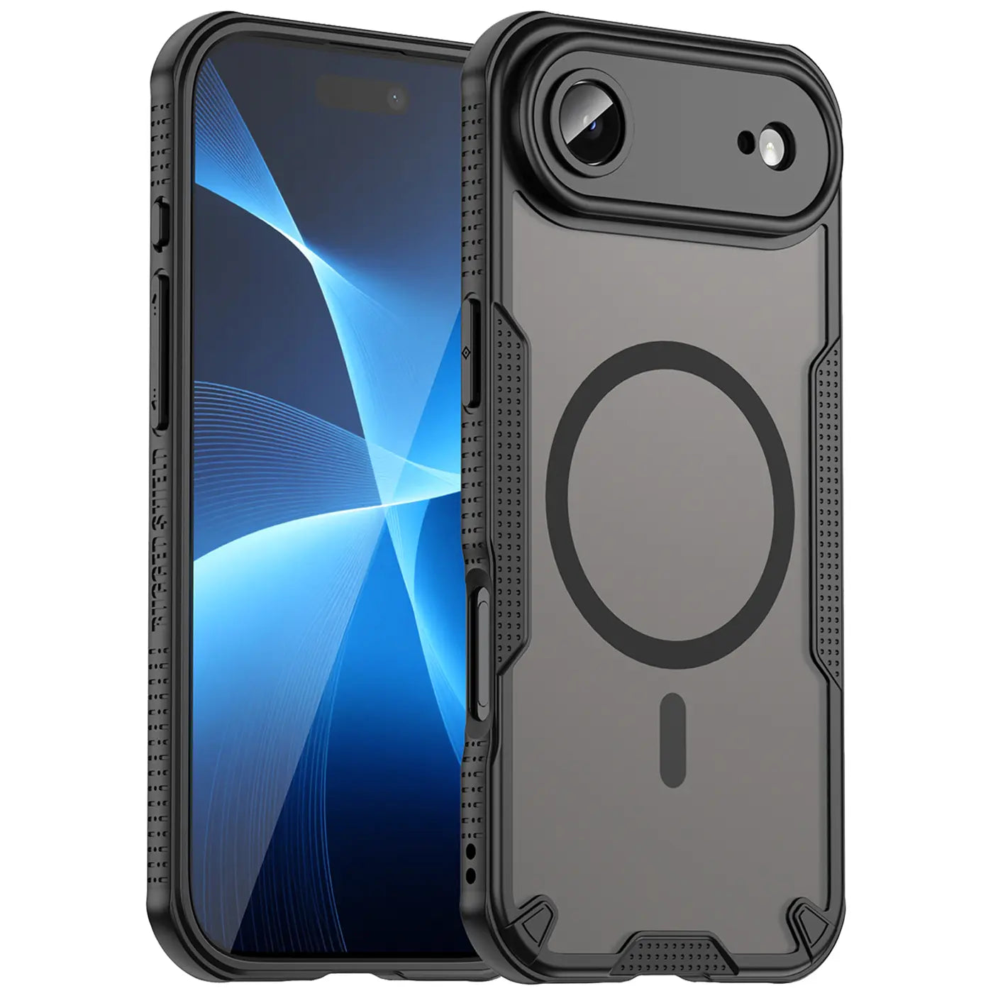 Schwarzes, transparentes iPhone-Hülle mit MagSafe-Ring, von vorne links gezeigt.