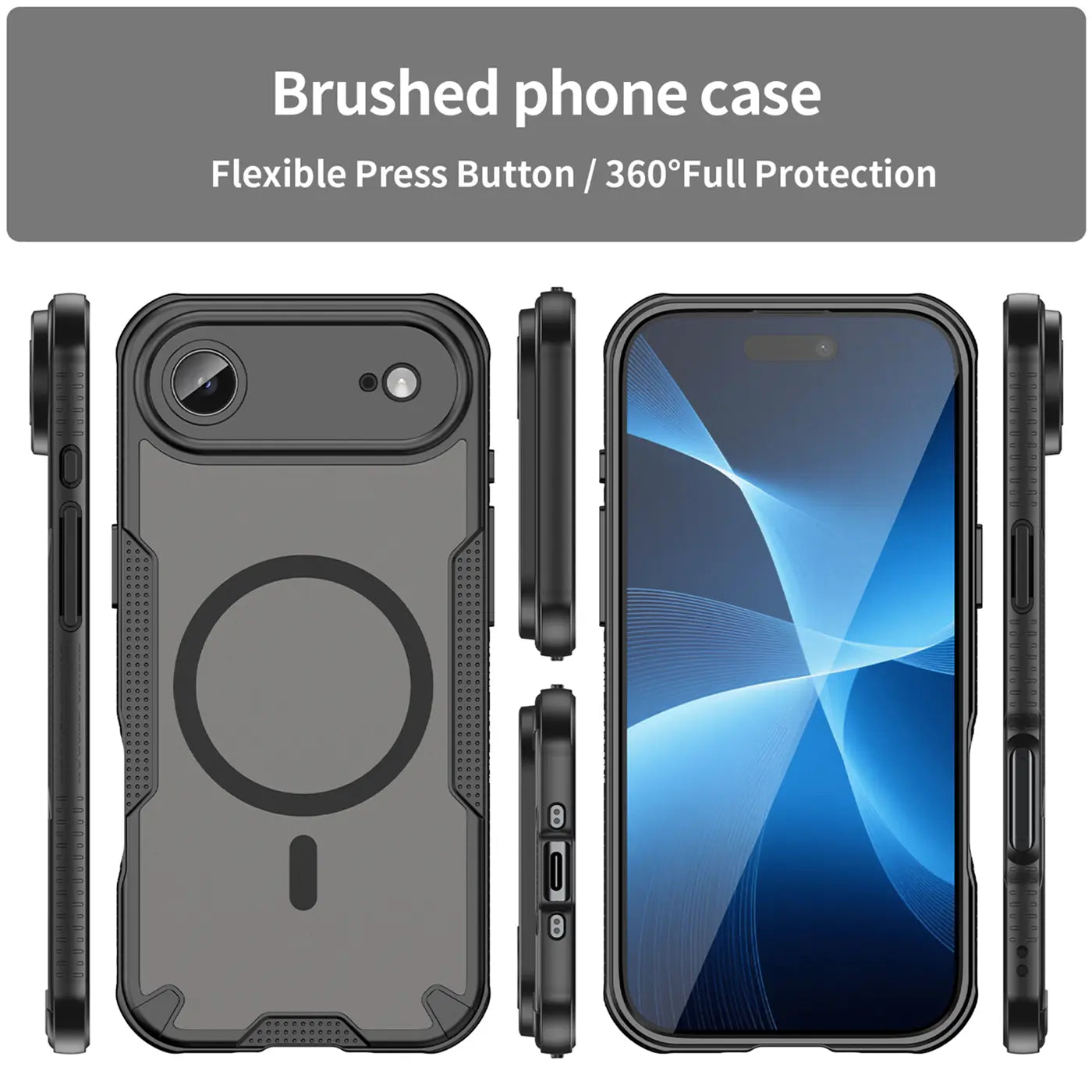 Graue Handyhülle, Kunststoff, verschiedene Ansichten, iPhone.