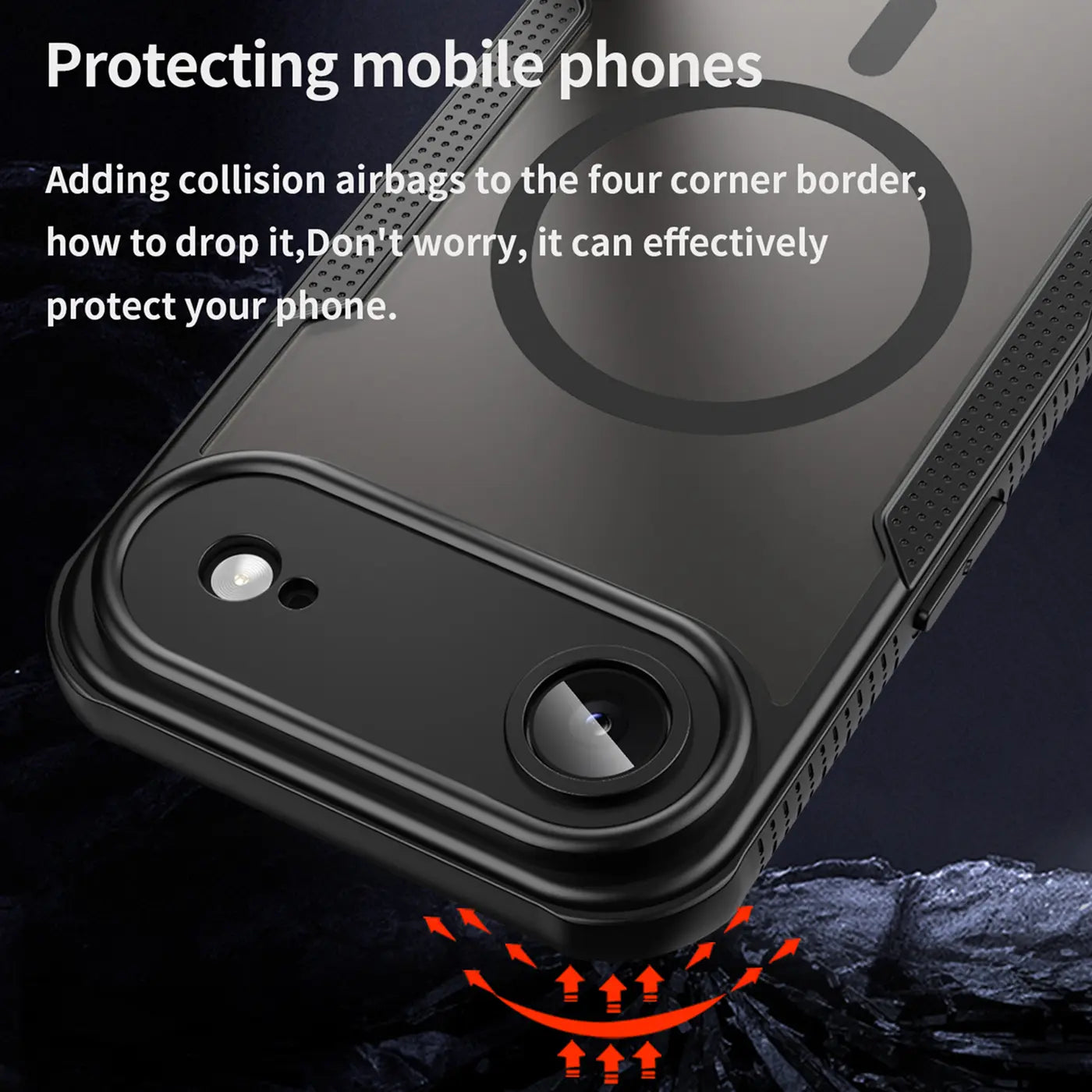Schwarzes, stoßfestes iPhone-Case aus Kunststoff, Nahaufnahme von hinten, MagSafe-Ring sichtbar.