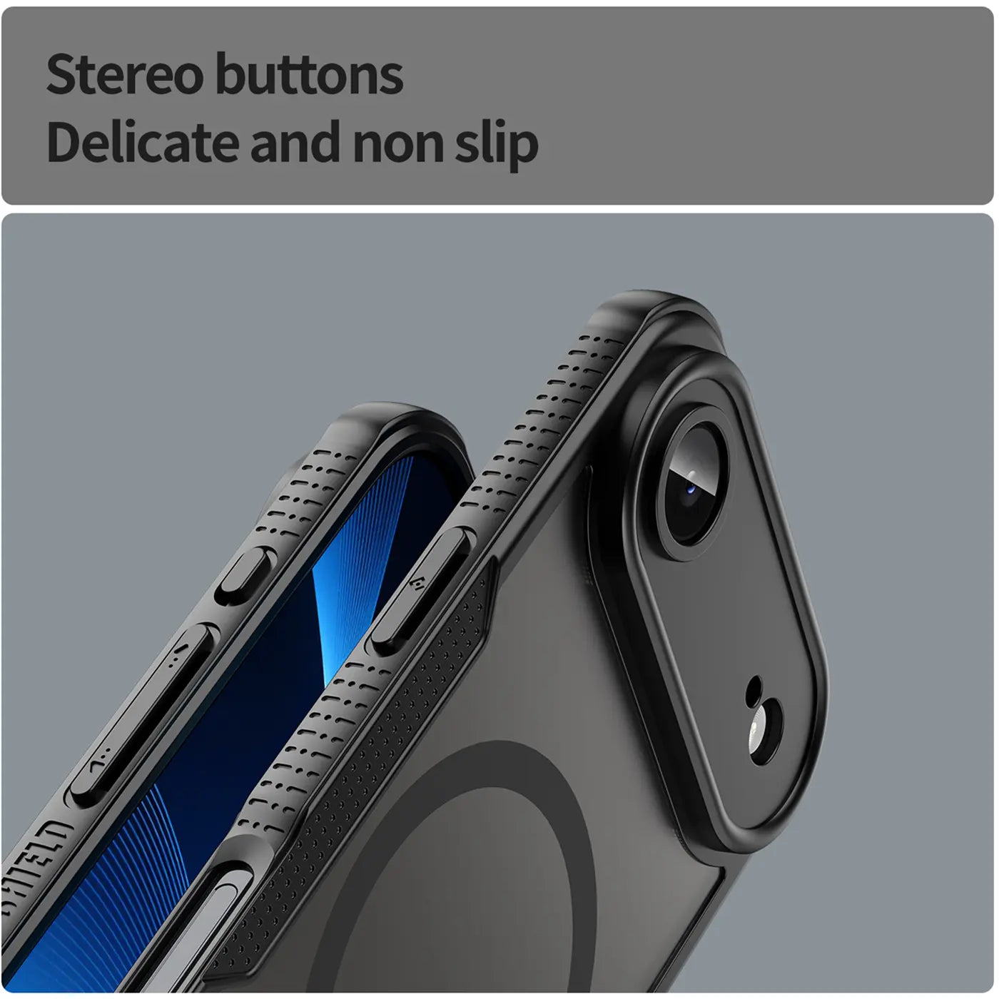 Schwarzes, stoßfestes iPhone-Case aus Kunststoff, Seitenansicht, mit präzisen Tasten.