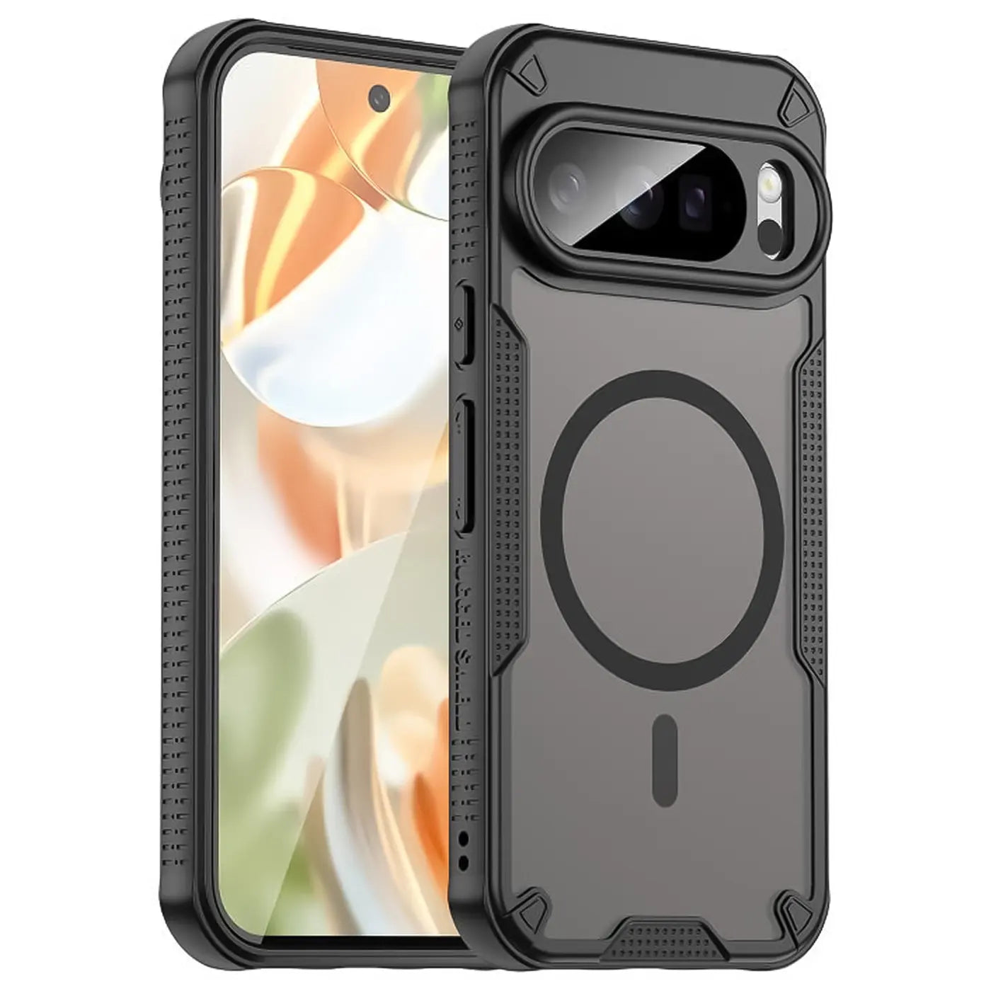 Schwarzes, stoßfestes Google Pixel 10 Pro Defender MagSafe Case aus Kunststoff und TPU, schräg von vorne.
