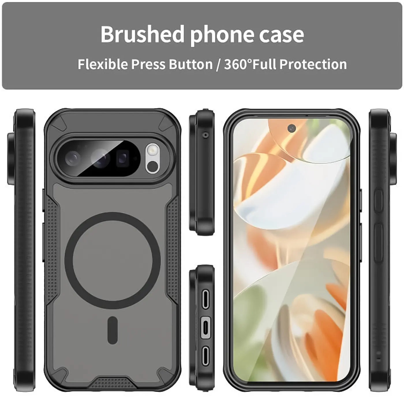 Schwarzes, stoßfestes Defender MagSafe Case für Google Pixel 10 Pro, von allen Seiten gezeigt.