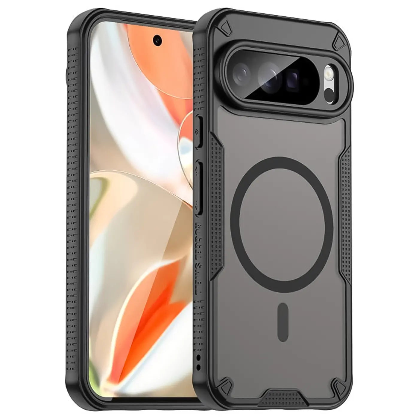 Schwarzes, stoßfestes Google Pixel 10 Pro XL Case aus Kunststoff/TPU mit MagSafe-Ring, schräg von vorne rechts.