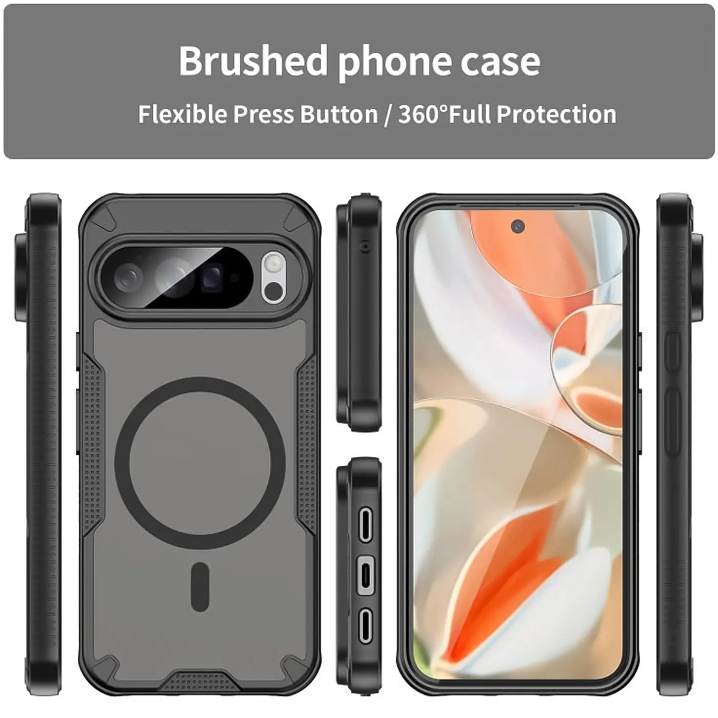 Stoßfeste, schwarze MagSafe-Hülle für Google Pixel 10 Pro XL aus TPU/Polycarbonat, Ansicht von hinten, vorne und Seiten.