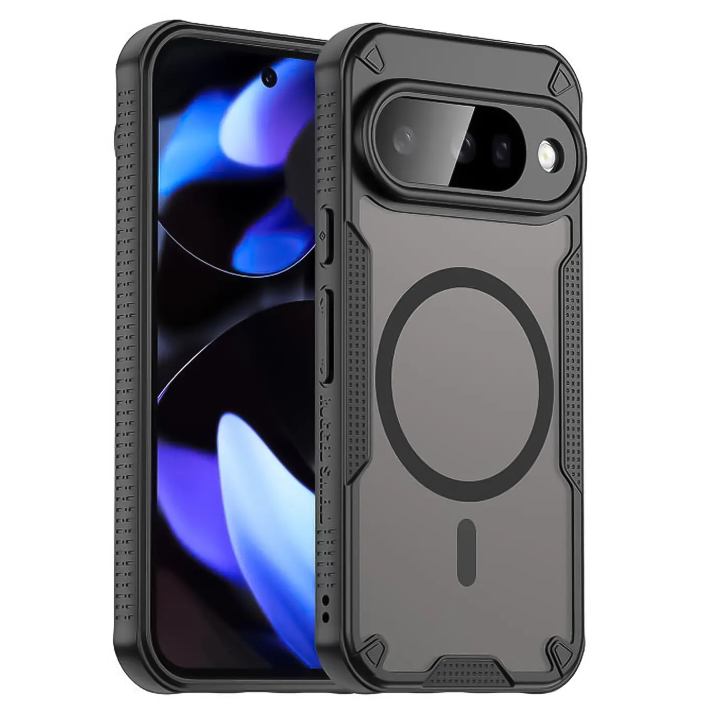 Schwarzes, stoßfestes Google Pixel 10 Defender MagSafe Case aus Kunststoff, leicht schräg von vorne rechts.