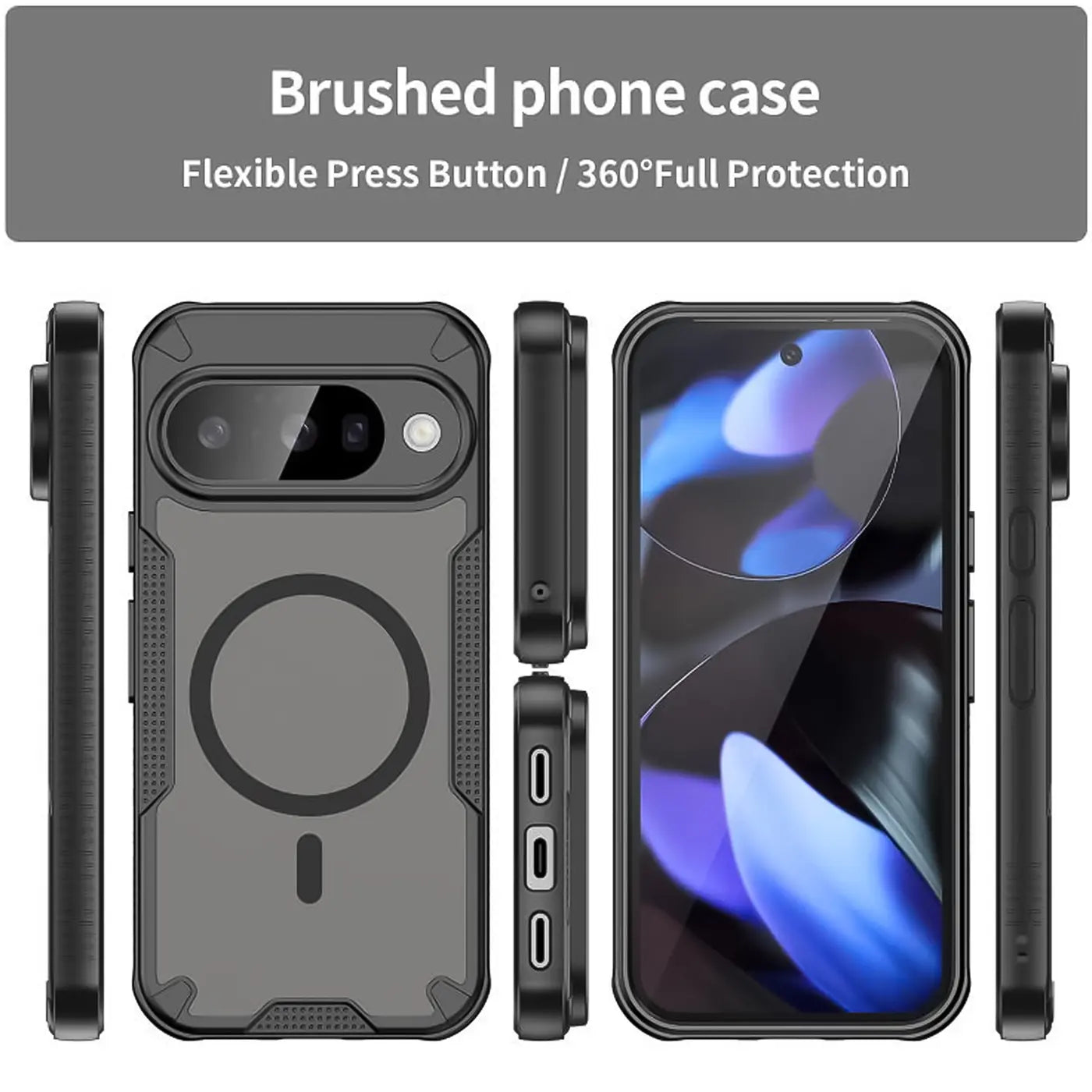 Google Pixel 10 Defender MagSafe Case, stoßfest, in Schwarz. Rückseite, Vorderseite und Seitenansichten des Cases.