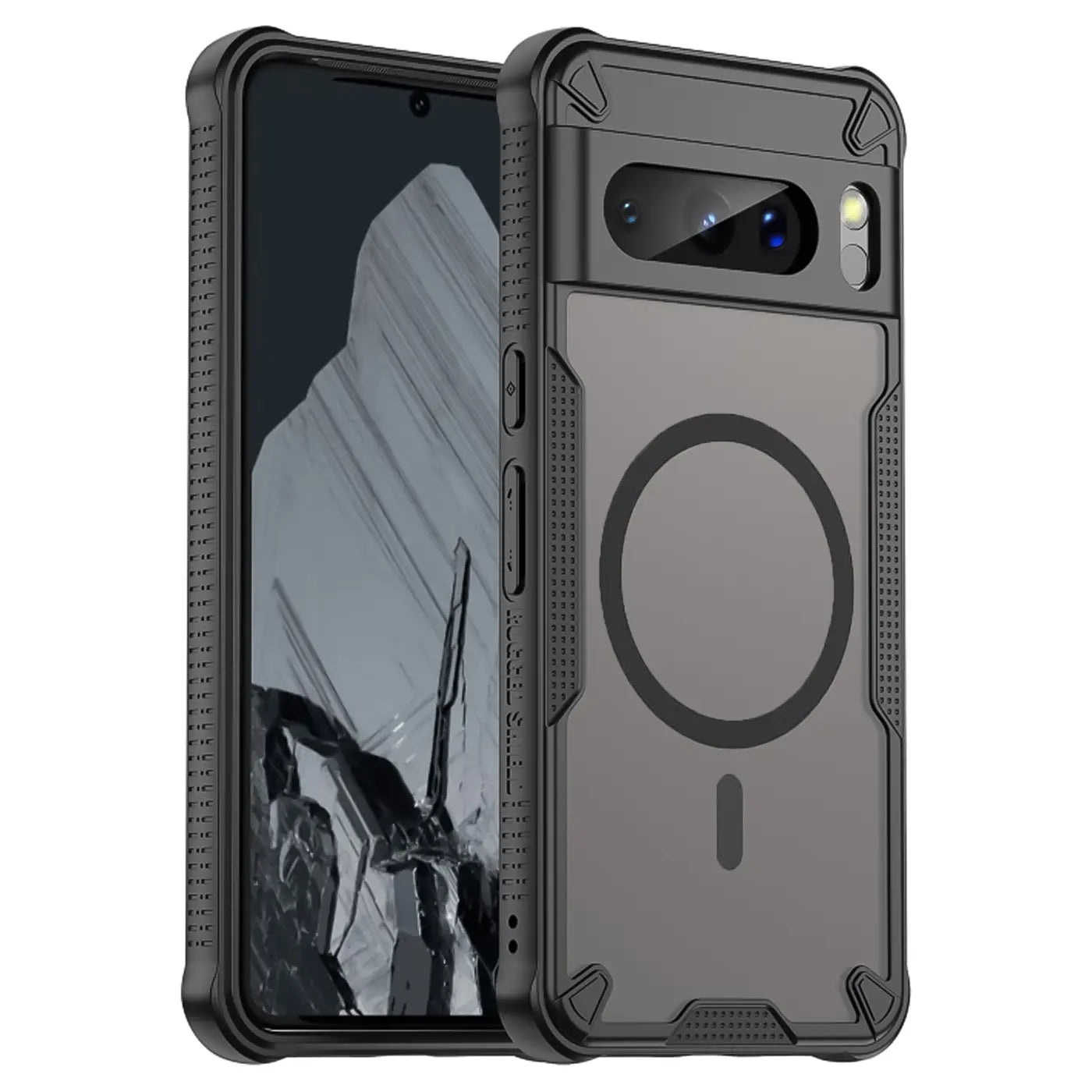 Schwarzes, stoßfestes Google Pixel 8 Pro Case aus TPU und Polycarbonat mit MagSafe-Ring, schräg von vorne.
