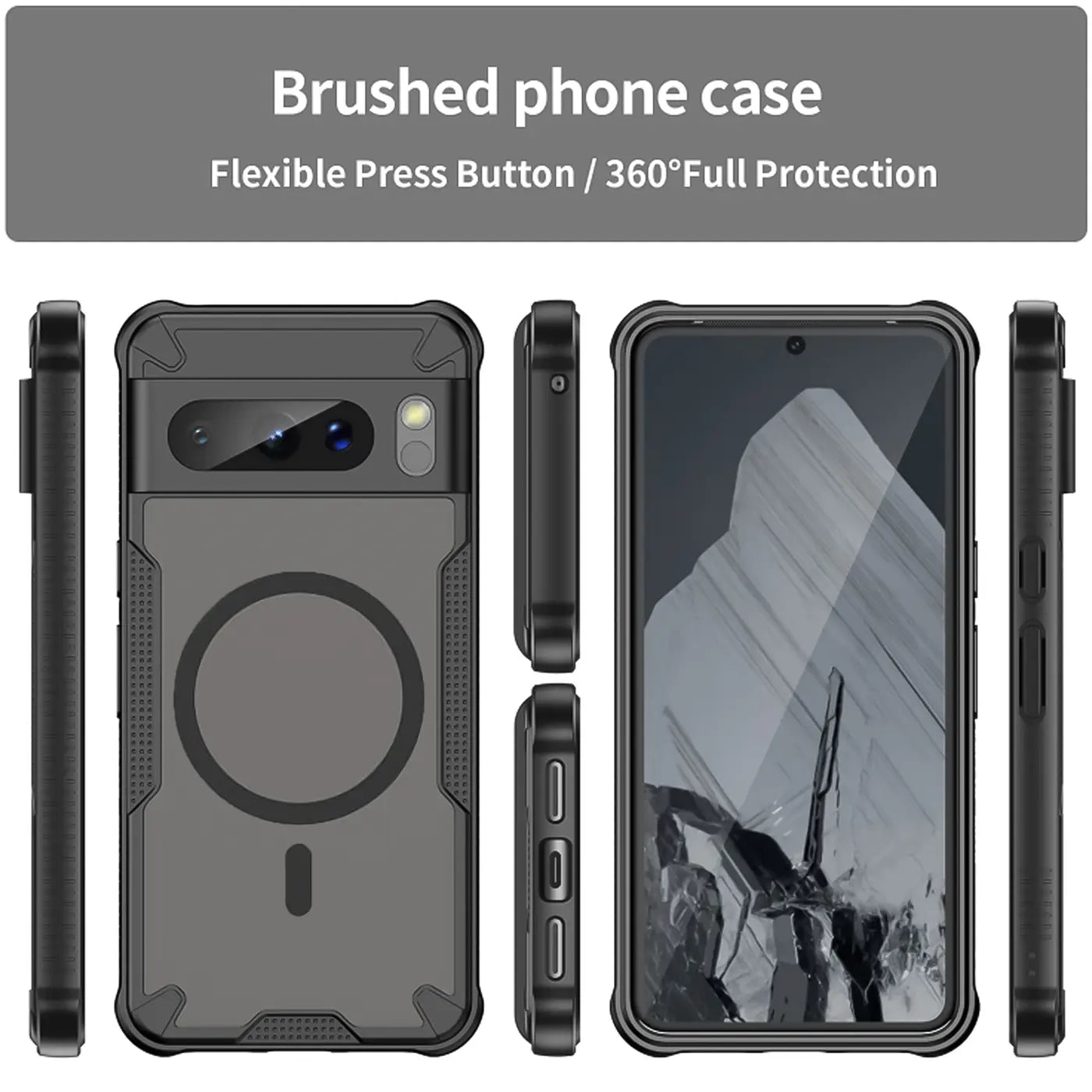 Schwarzes, stoßfestes Google Pixel 8 Pro Defender MagSafe Case aus Kunststoff, in verschiedenen Ansichten gezeigt.