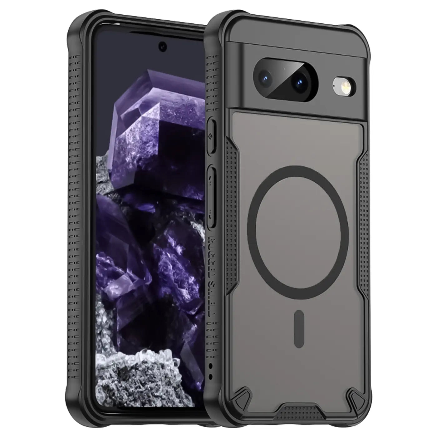 Schwarze, stoßfeste TPU-Hülle mit MagSafe für Google Pixel 8, schräg von vorne/hinten, Display sichtbar.