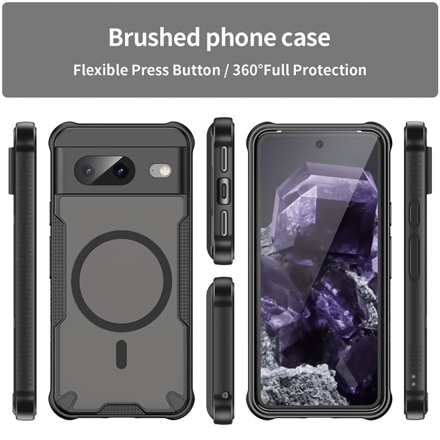 Schwarzes, stoßfestes Google Pixel 8 Defender MagSafe Case aus Silikon und Kunststoff, in verschiedenen Ansichten.