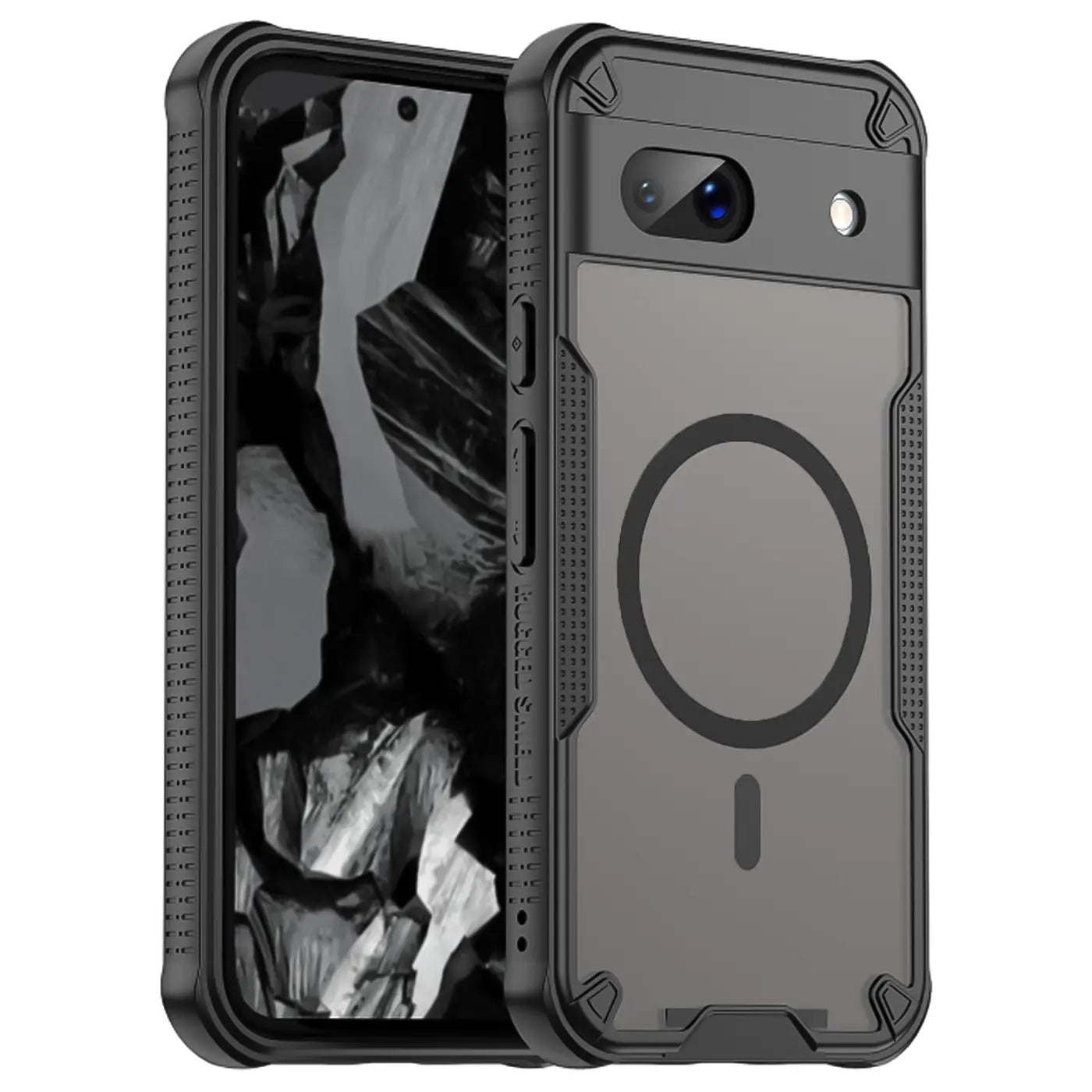 Schwarzes, stoßfestes Google Pixel 8a Case aus TPU/PC mit MagSafe-Ring, halbtransparent, von schräg hinten rechts.