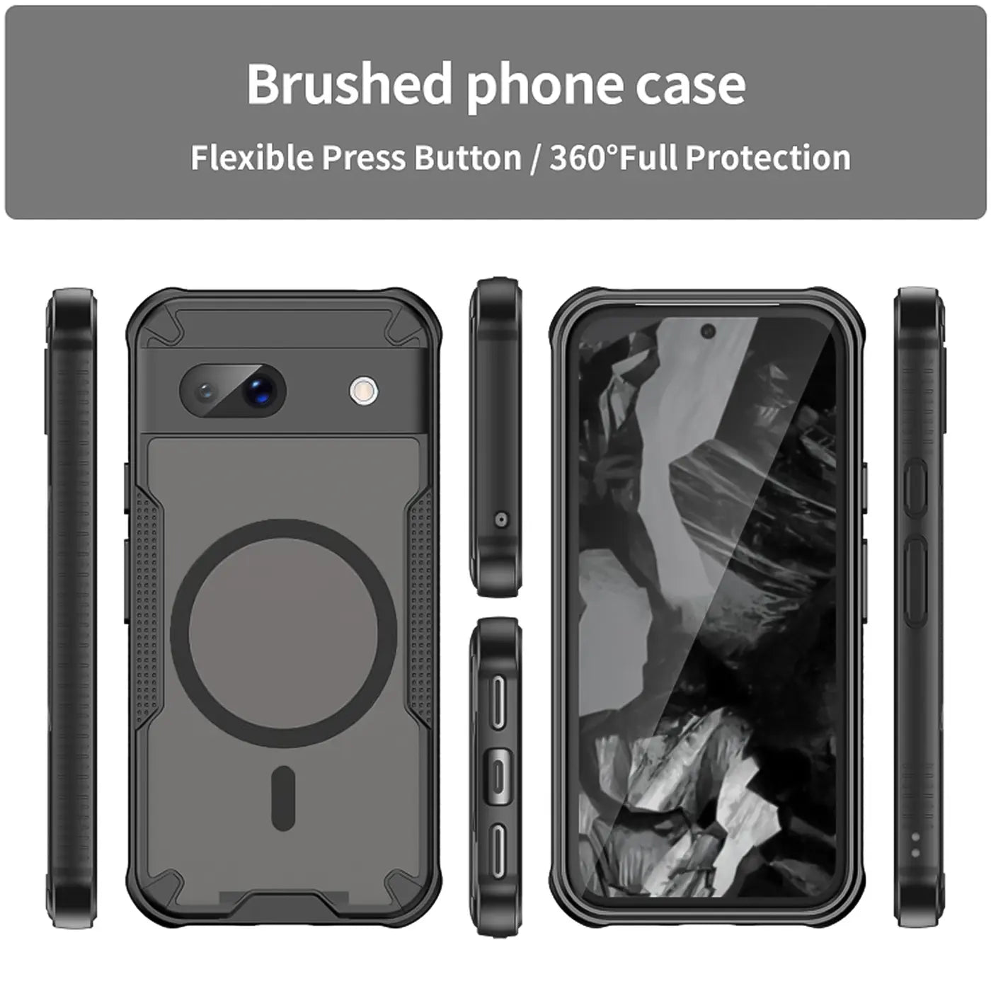 Schwarzes, stoßfestes Google Pixel 8a Defender MagSafe Case aus Kunststoff, in 5 Ansichten: Rückseite, Vorderseite, Seiten.