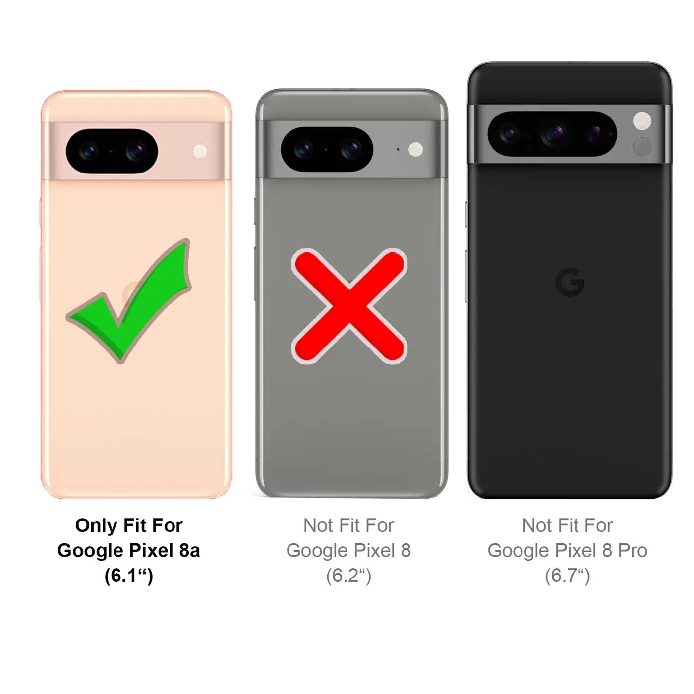 Drei Google Pixel Smartphones (8a, 8, 8 Pro) von hinten, um Passform zu zeigen. Pixel 8a mit grünem Haken.