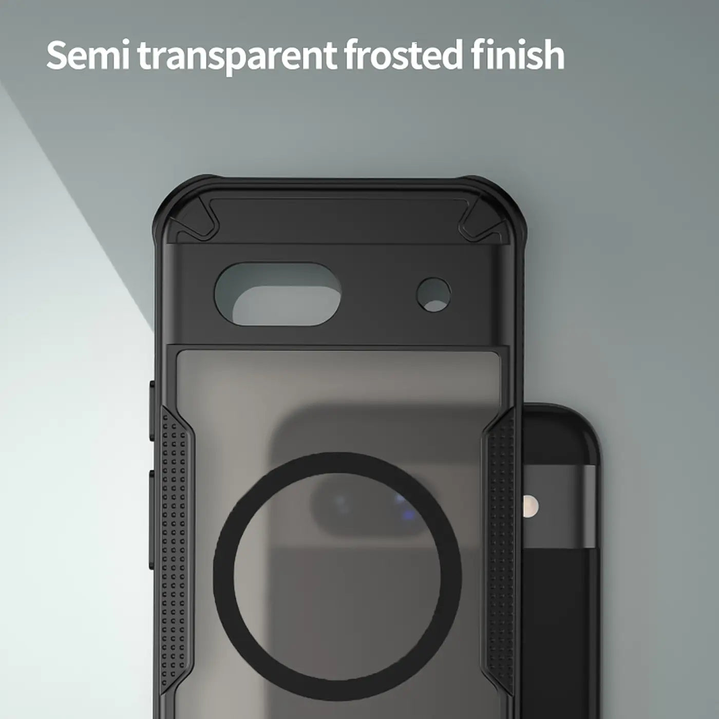 Schwarzes, stoßfestes Google Pixel 8a Case aus TPU/PC, halbtransparent und matt, mit MagSafe-Ring, schräg von oben.