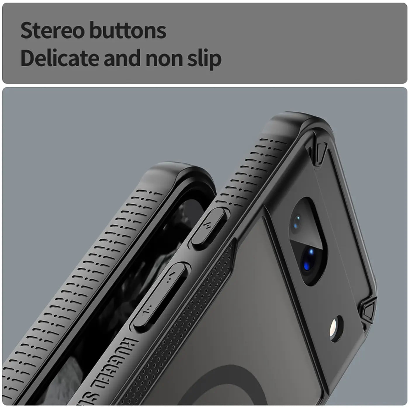 Schwarze, stoßfeste TPU-Hülle für Google Pixel 8a, schräg von hinten rechts, mit MagSafe-Ring und Kameraausschnitt.