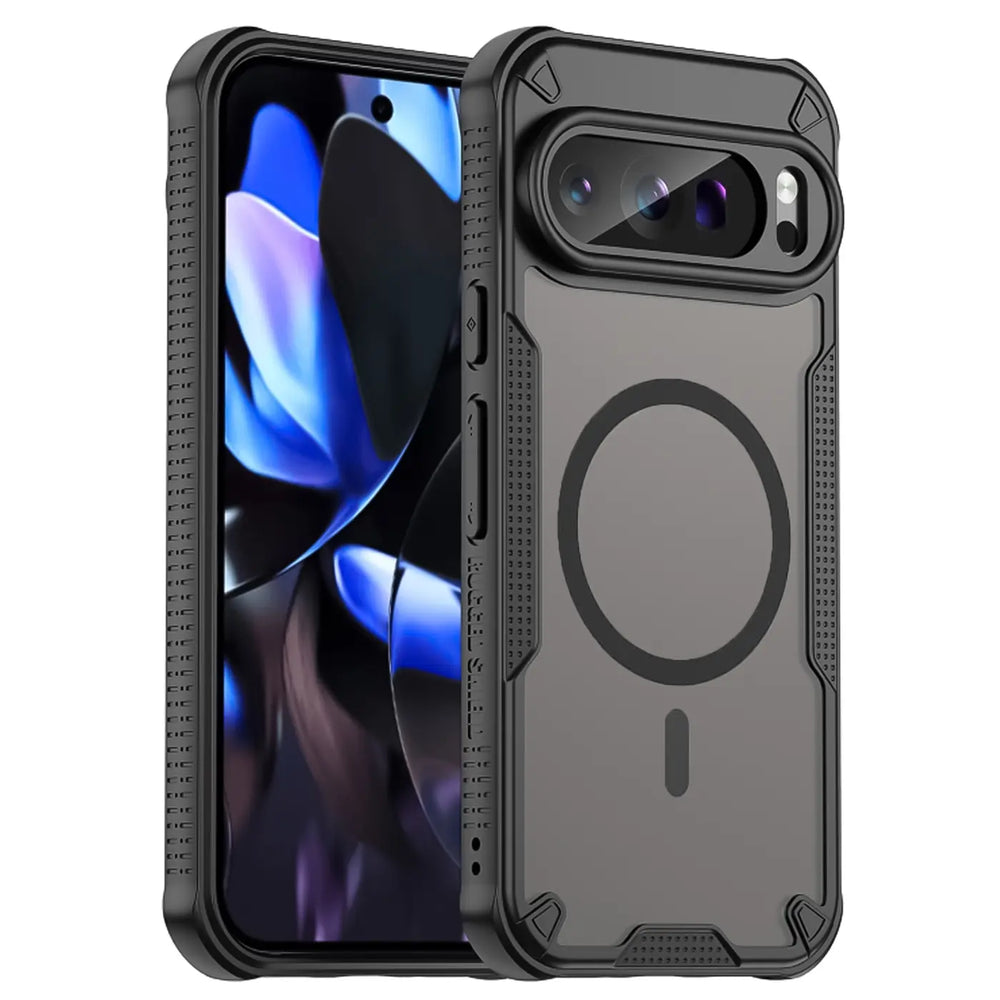 Schwarze, stoßfeste MagSafe-Hülle aus Kunststoff und TPU für Google Pixel 9 Pro, schräg von hinten rechts.