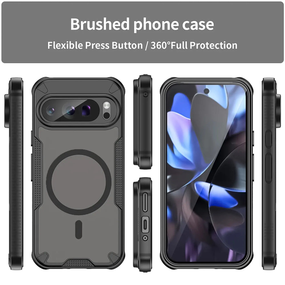 Schwarze, stoßfeste MagSafe-Hülle aus Kunststoff für Google Pixel 9 Pro, von hinten, vorne und Seite gezeigt.