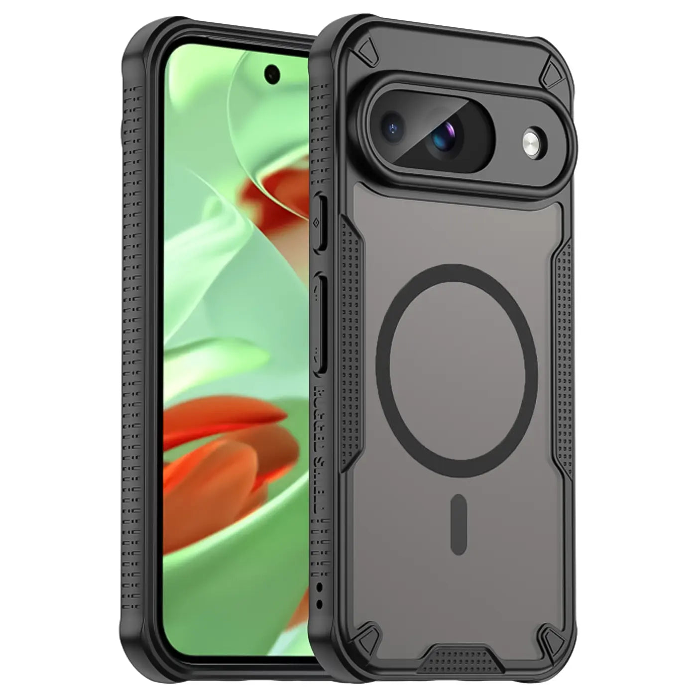Schwarzes, stoßfestes Google Pixel 9 Case aus TPU/PC mit MagSafe-Ring, schräg von hinten rechts.