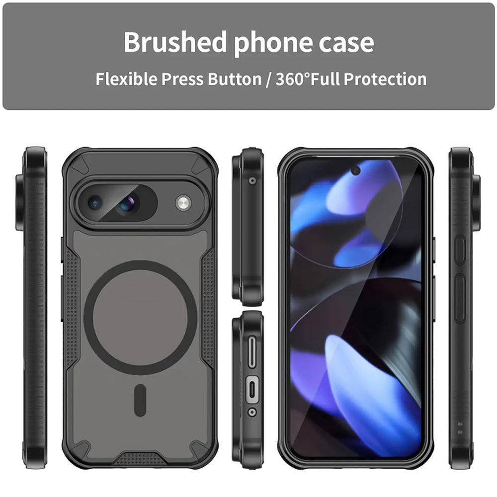 Google Pixel 9 Defender MagSafe Case, schwarz, stoßfest, aus Silikon und Kunststoff, in 5 Ansichten gezeigt.
