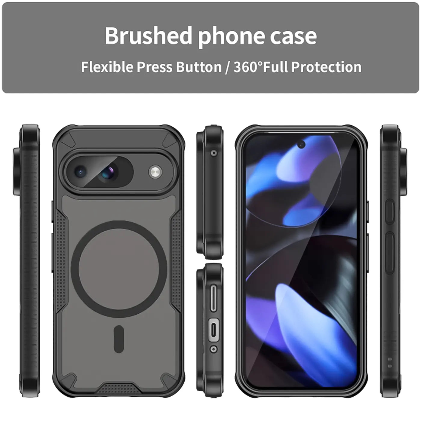 Google Pixel 9 Defender MagSafe Case, schwarz, stoßfest, aus Silikon und Kunststoff, in 5 Ansichten gezeigt.