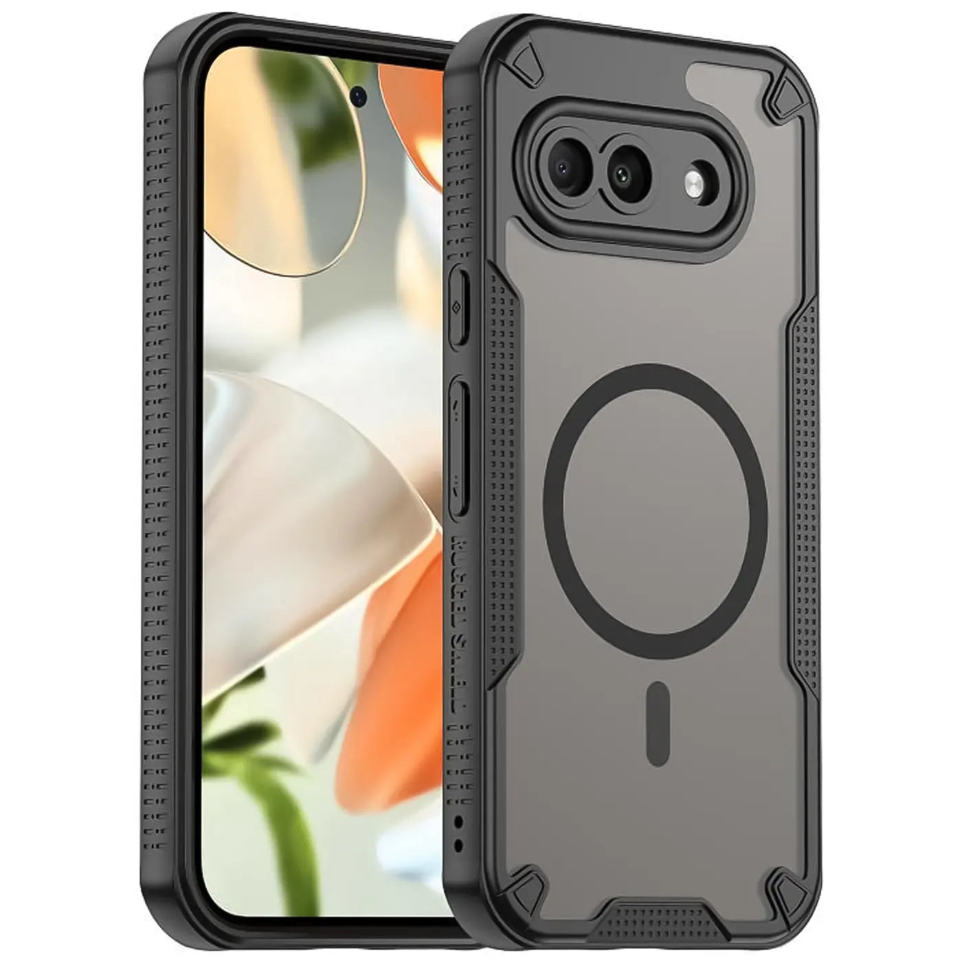 Schwarzes, stoßfestes Defender MagSafe Case aus TPU/PC für Google Pixel 9a, schräg von hinten rechts.