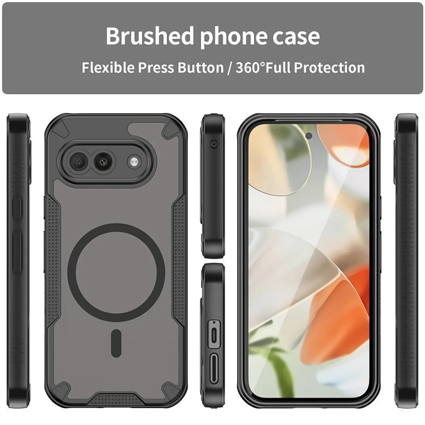 Ansichten eines schwarzen, stoßfesten Google Pixel 9a Defender MagSafe Case aus Kunststoff/TPU, von hinten, vorne und den.