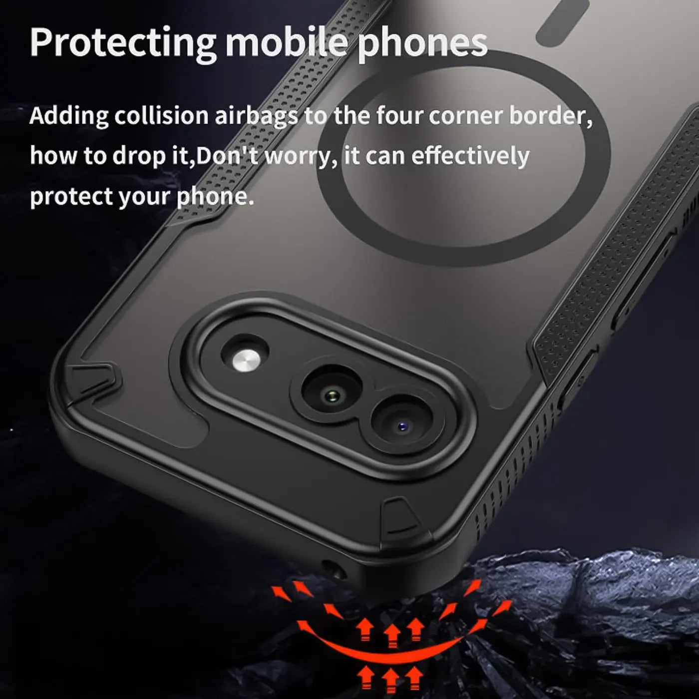 Rückseite eines schwarzen, stoßfesten Google Pixel 9a MagSafe-Cases aus TPU/Polycarbonat, schräg von oben.