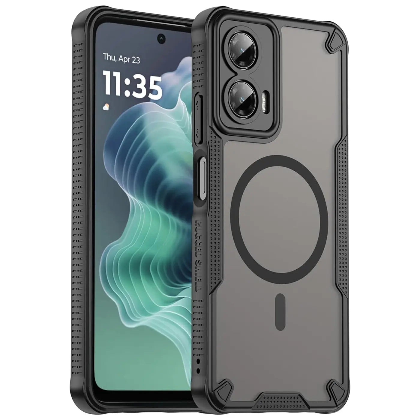 Schwarzes, stoßfestes MagSafe-Case für Motorola Moto G35 5G, von vorne links gezeigt.