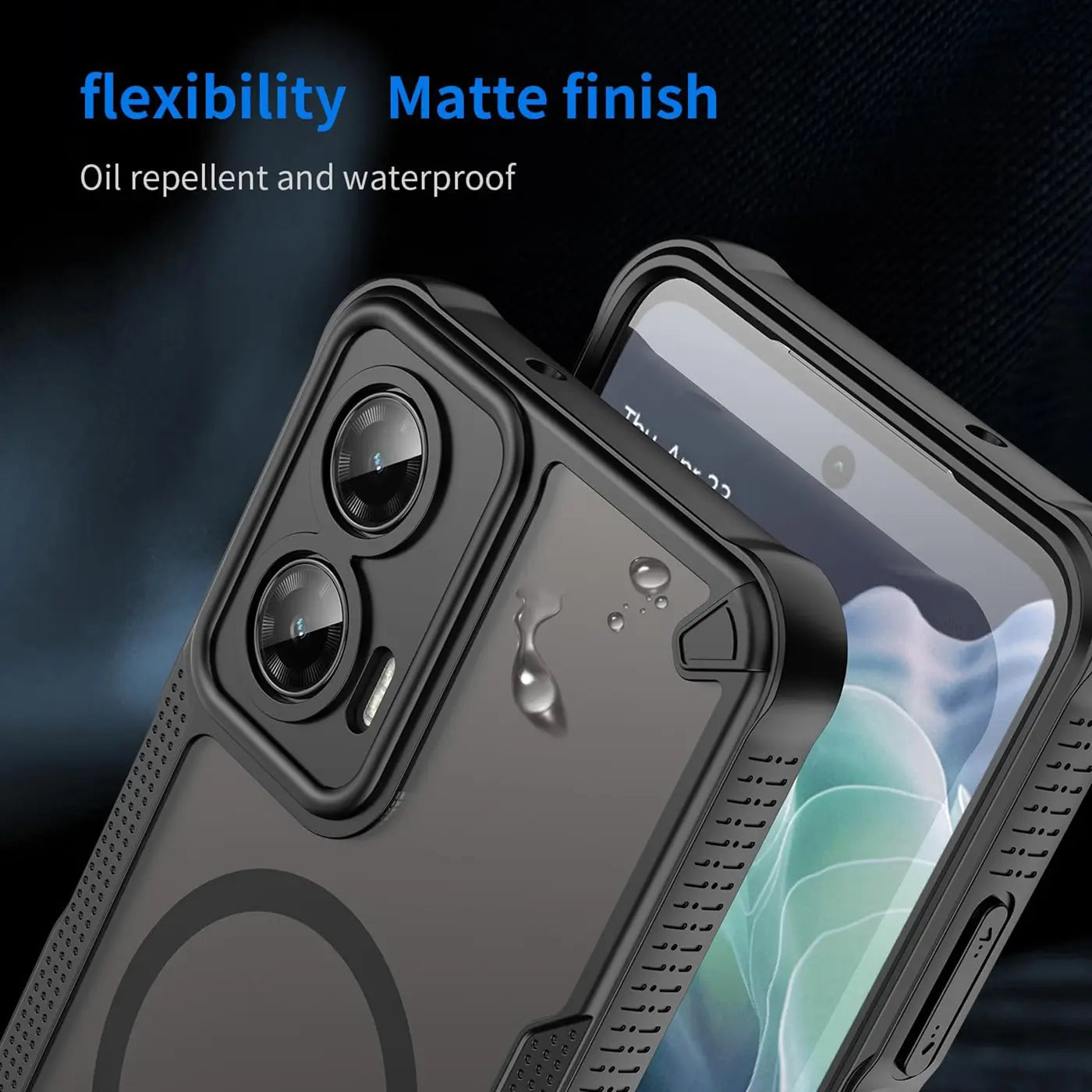 Schwarzes, stoßfestes Handycase mit MagSafe-Ring, Seitenansicht, Motorola Moto G35 5G erkennbar.