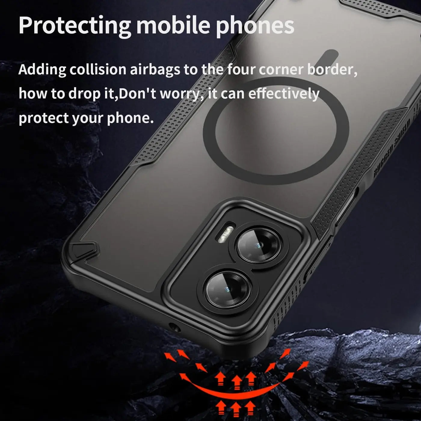 Schwarze Hülle mit MagSafe-Ring für Motorola Moto G35 5G, von schräg unten gesehen.
