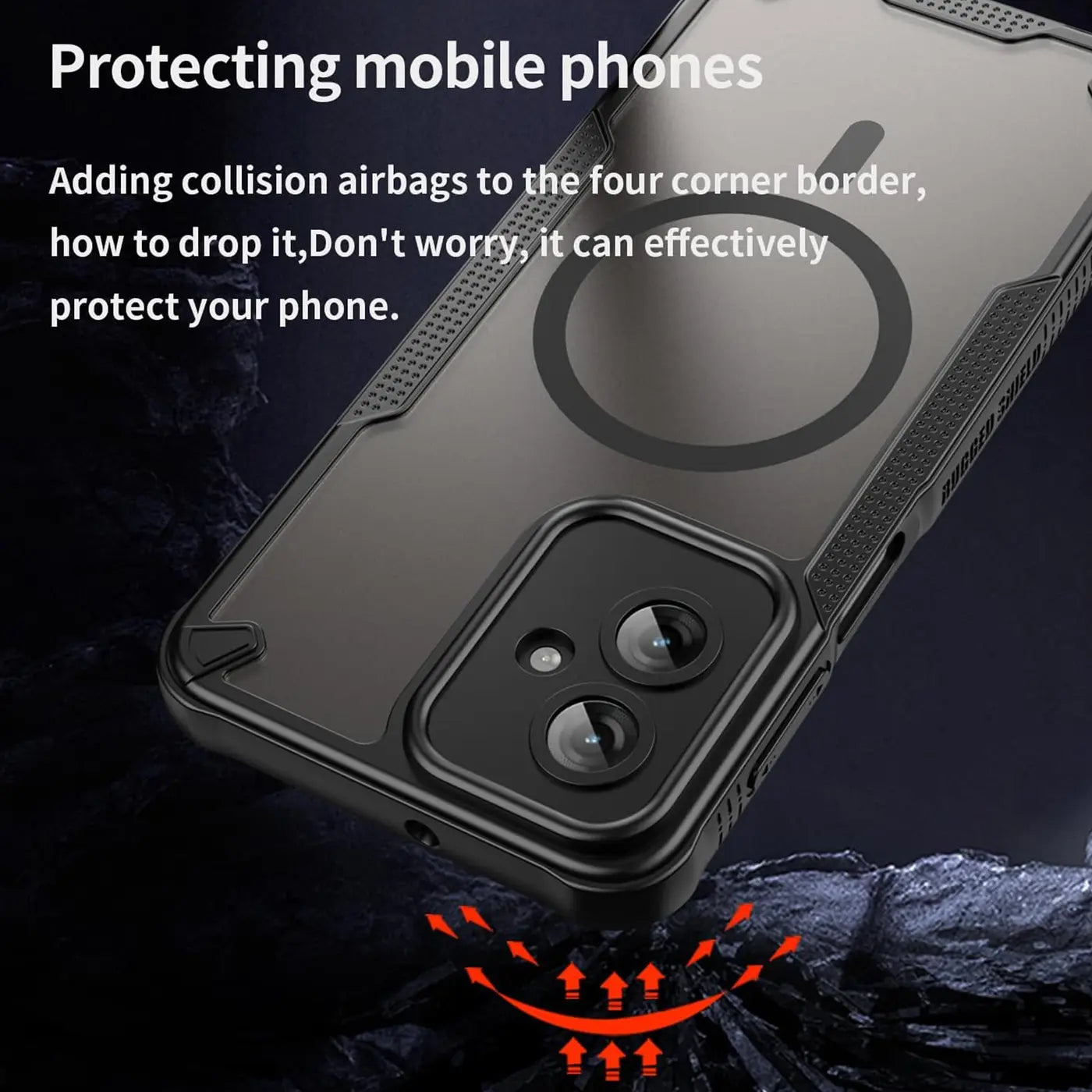 Schwarzes, stoßfestes MagSafe-Case aus Kunststoff für Motorola Moto G55 5G, Nahaufnahme.