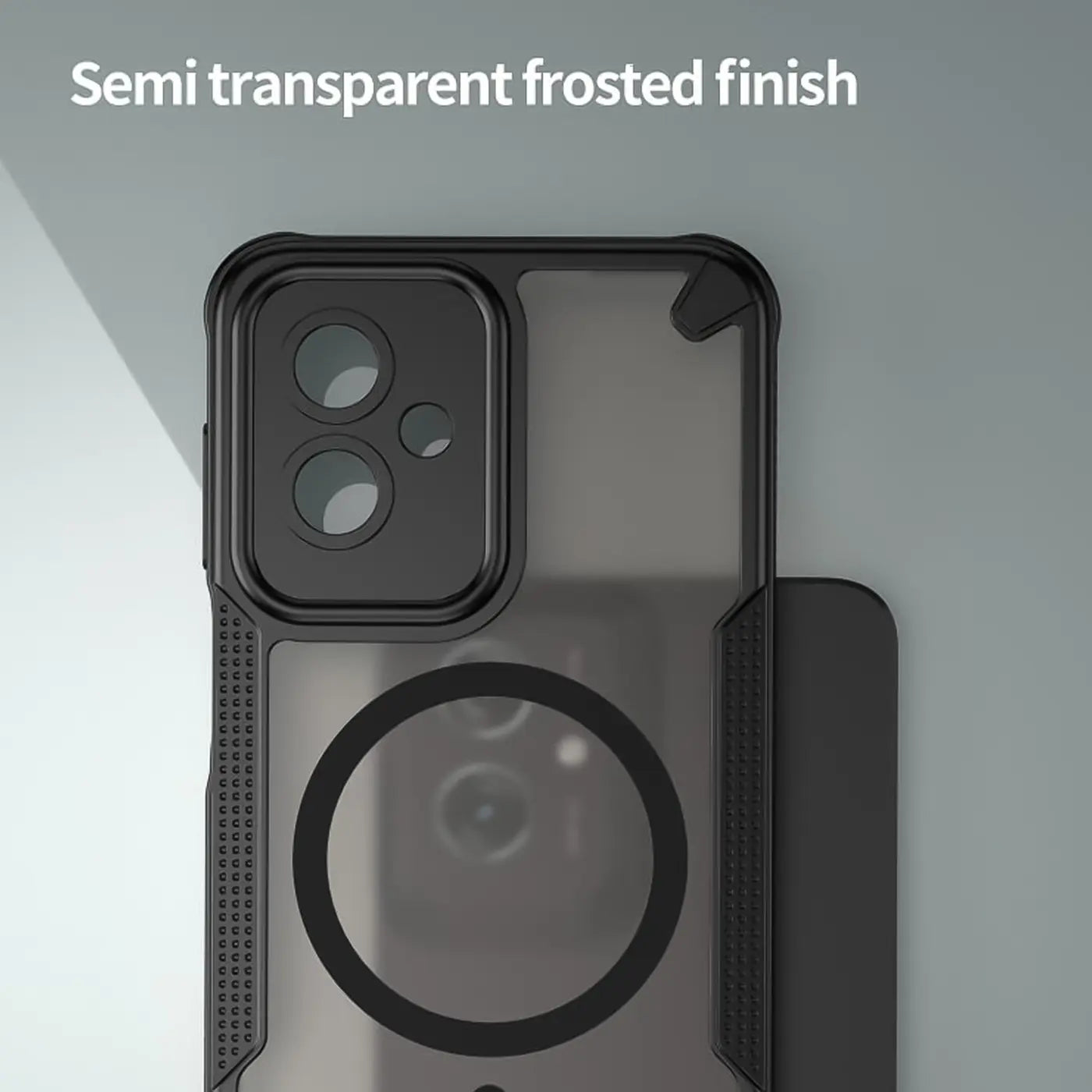 Schwarzes, stoßfestes MagSafe-Case für Motorola Moto G55 5G, halbtransparent, Frosted-Finish.