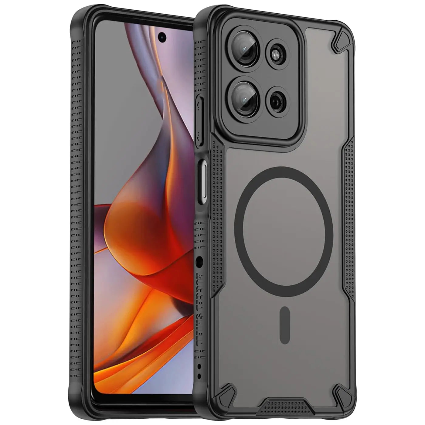 Schwarzes MagSafe-Case aus Kunststoff mit Motorola Moto G73 5G, Seitenansicht.