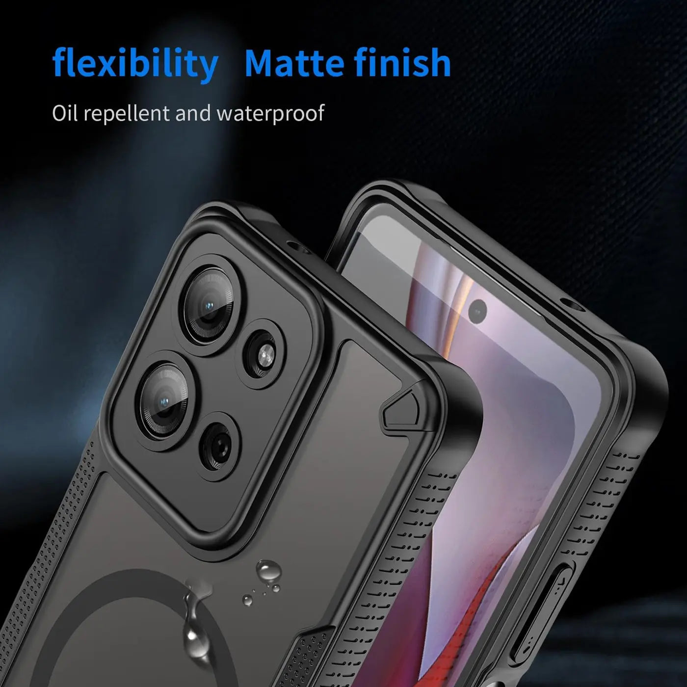 Schwarzes, stoßfestes MagSafe-Case für Motorola Moto G73 5G, Seitenansicht.
