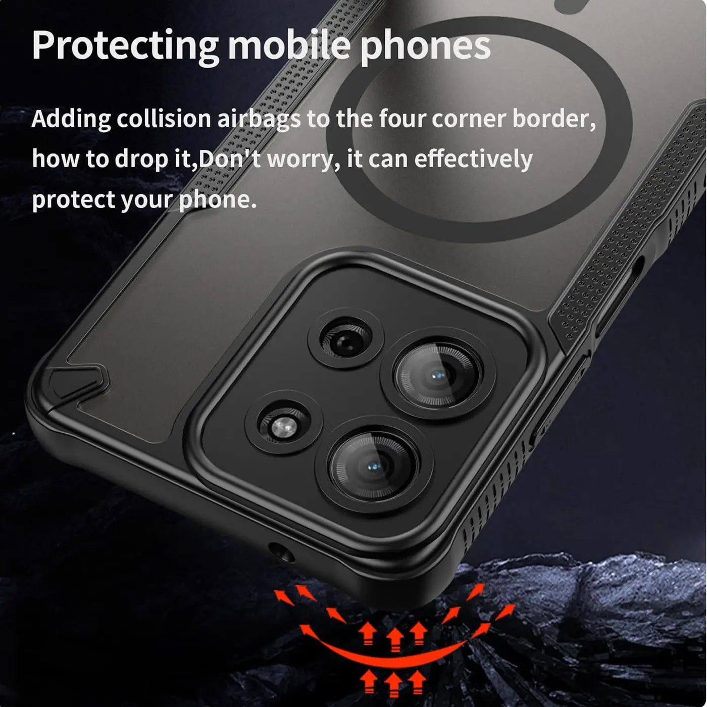 Schwarzes, stoßfestes MagSafe-Case für Motorola Moto G73 5G, Nahaufnahme Rückseite