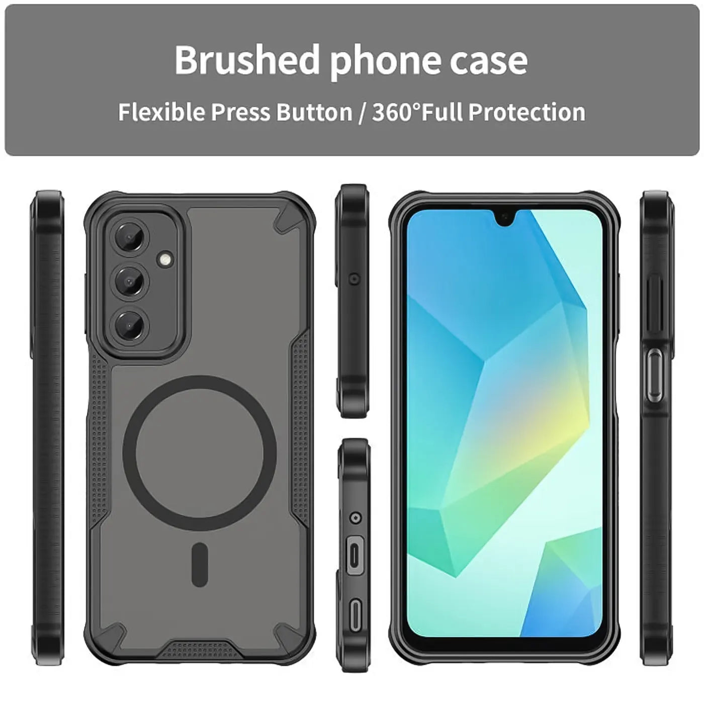 Graue Handyhülle aus Kunststoff, verschiedene Ansichten, mit Samsung Galaxy A16 5G.