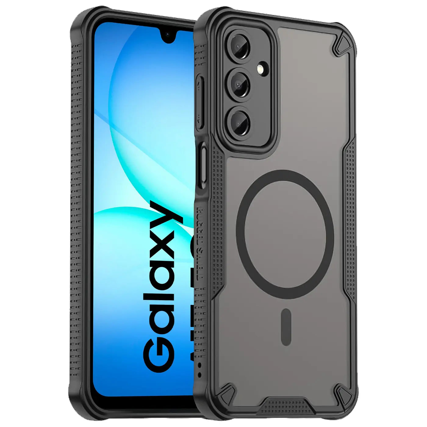 Schwarzes MagSafe-Case mit transparentem Rücken für Samsung Galaxy A17 5G, von vorne links.