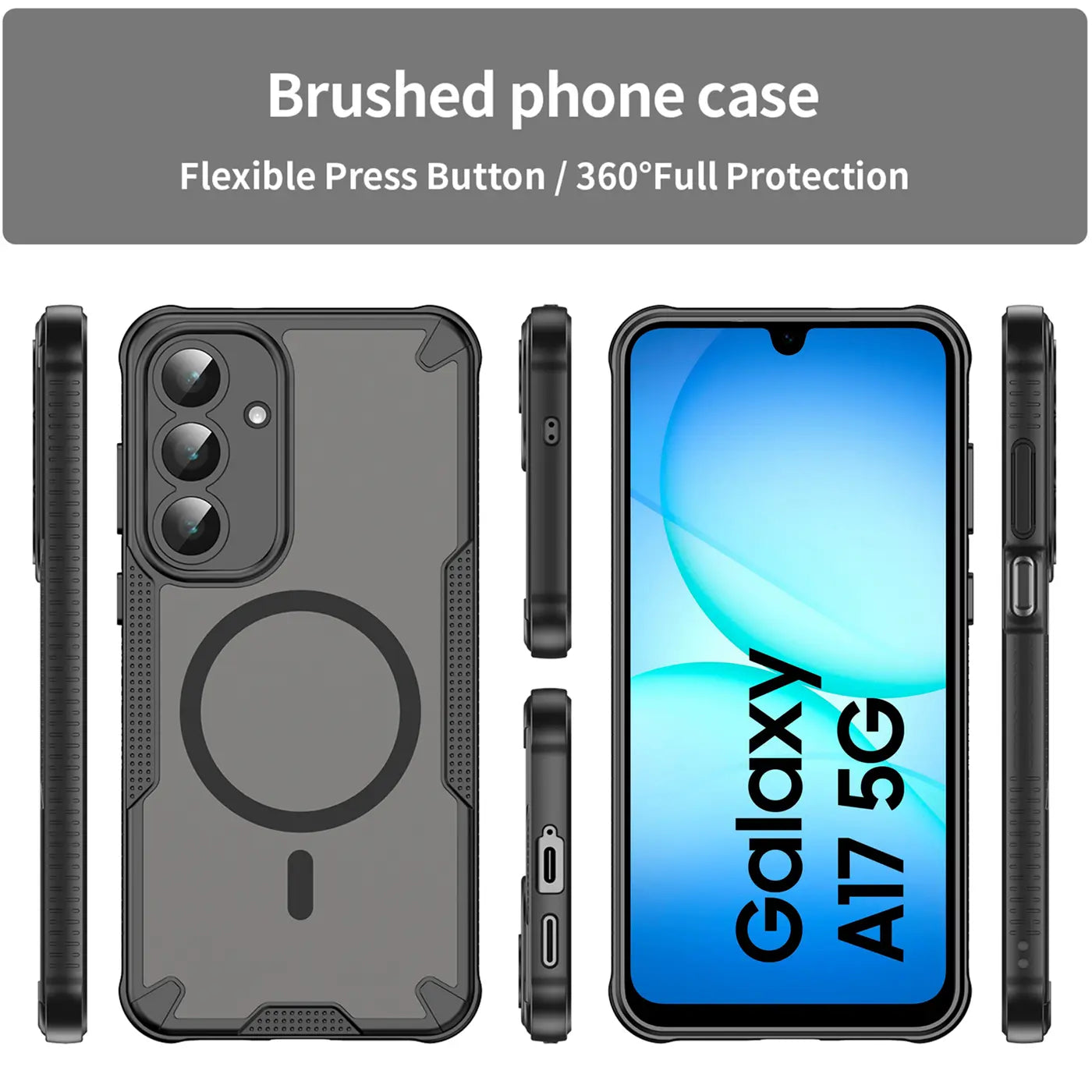 Graue Handyhülle aus Kunststoff, Vorder- und Rückansicht, Samsung Galaxy A17 5G.