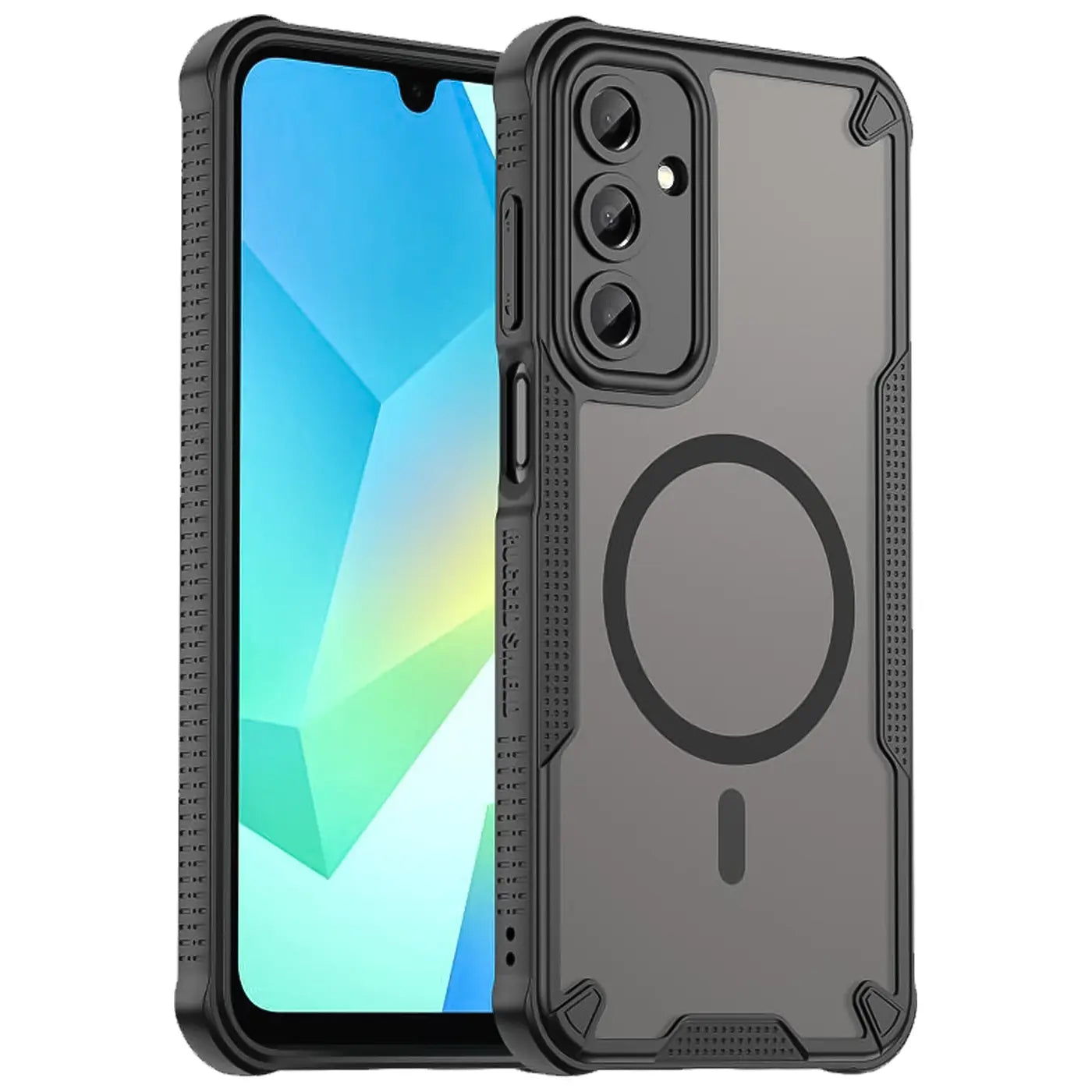Schwarzes, stoßfestes MagSafe-Case aus Kunststoff für Samsung Galaxy A26 5G, von vorne links gezeigt.