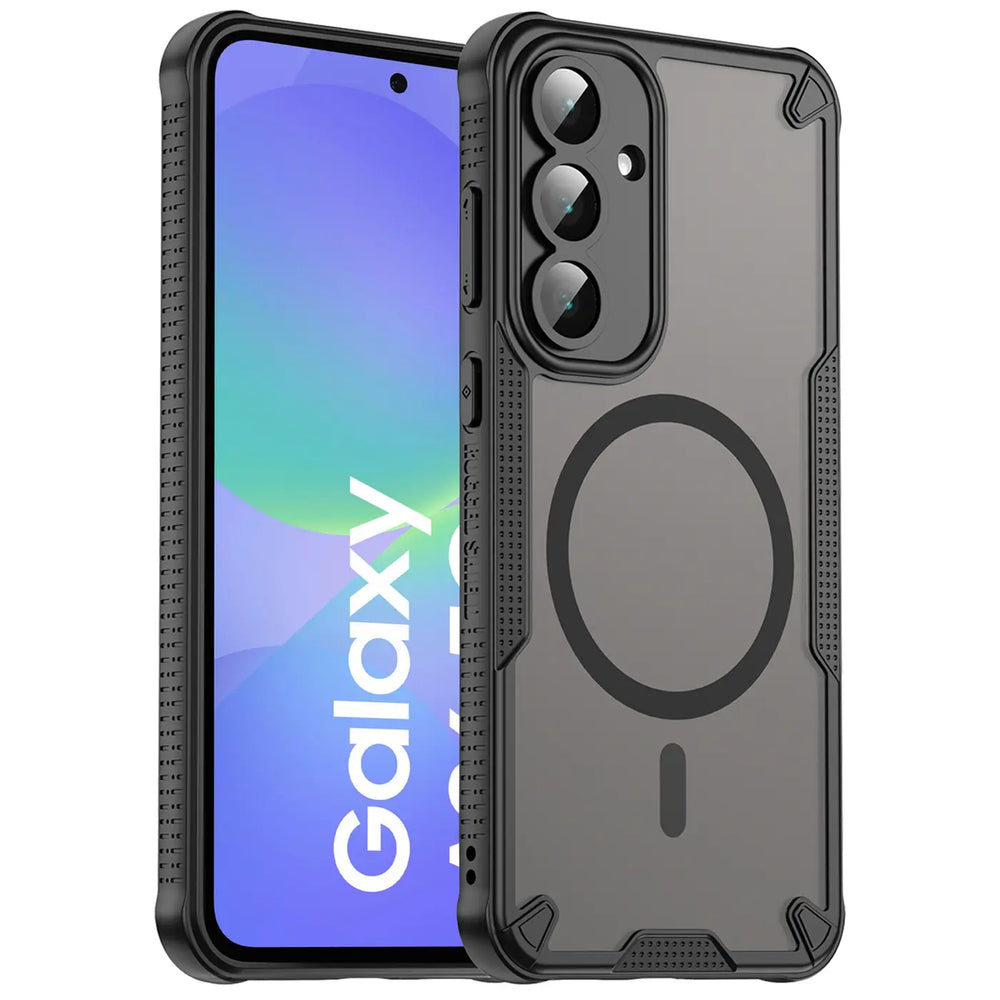 Graues MagSafe-Case aus Kunststoff für Samsung Galaxy A36 5G, Seitenansicht.