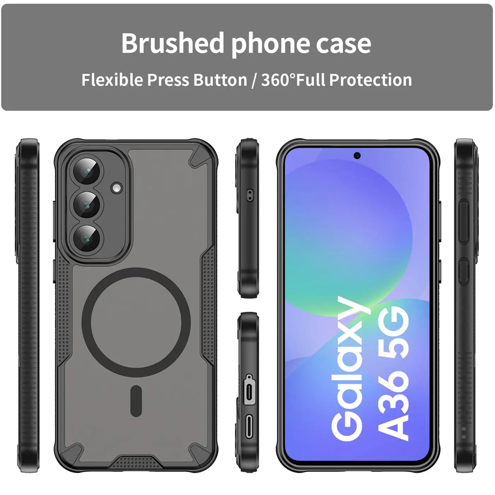 Graue Handyhülle aus Kunststoff mit MagSafe für Samsung Galaxy A36 5G, von vorne und Seite