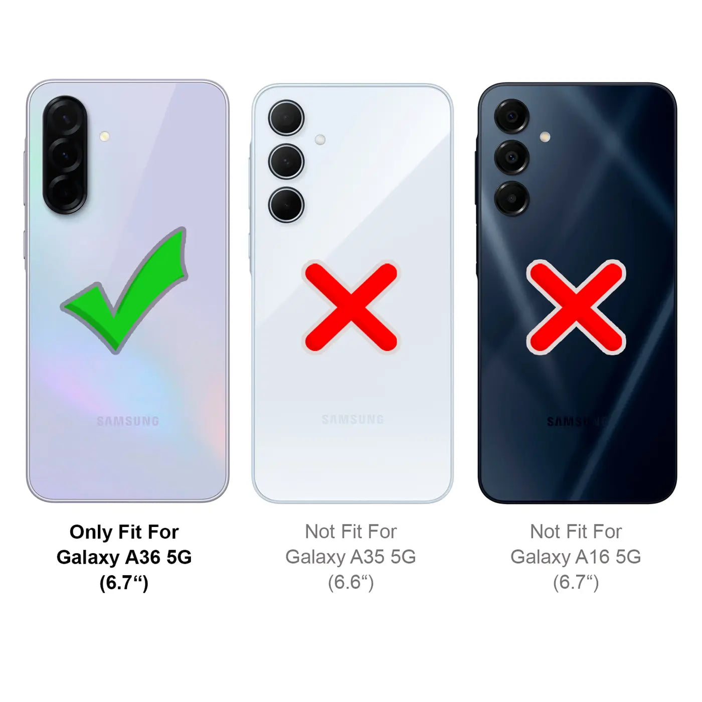 Drei Samsung-Smartphones: A36 5G (grüner Haken), A35 5G (rotes X), A16 5G (rotes X).