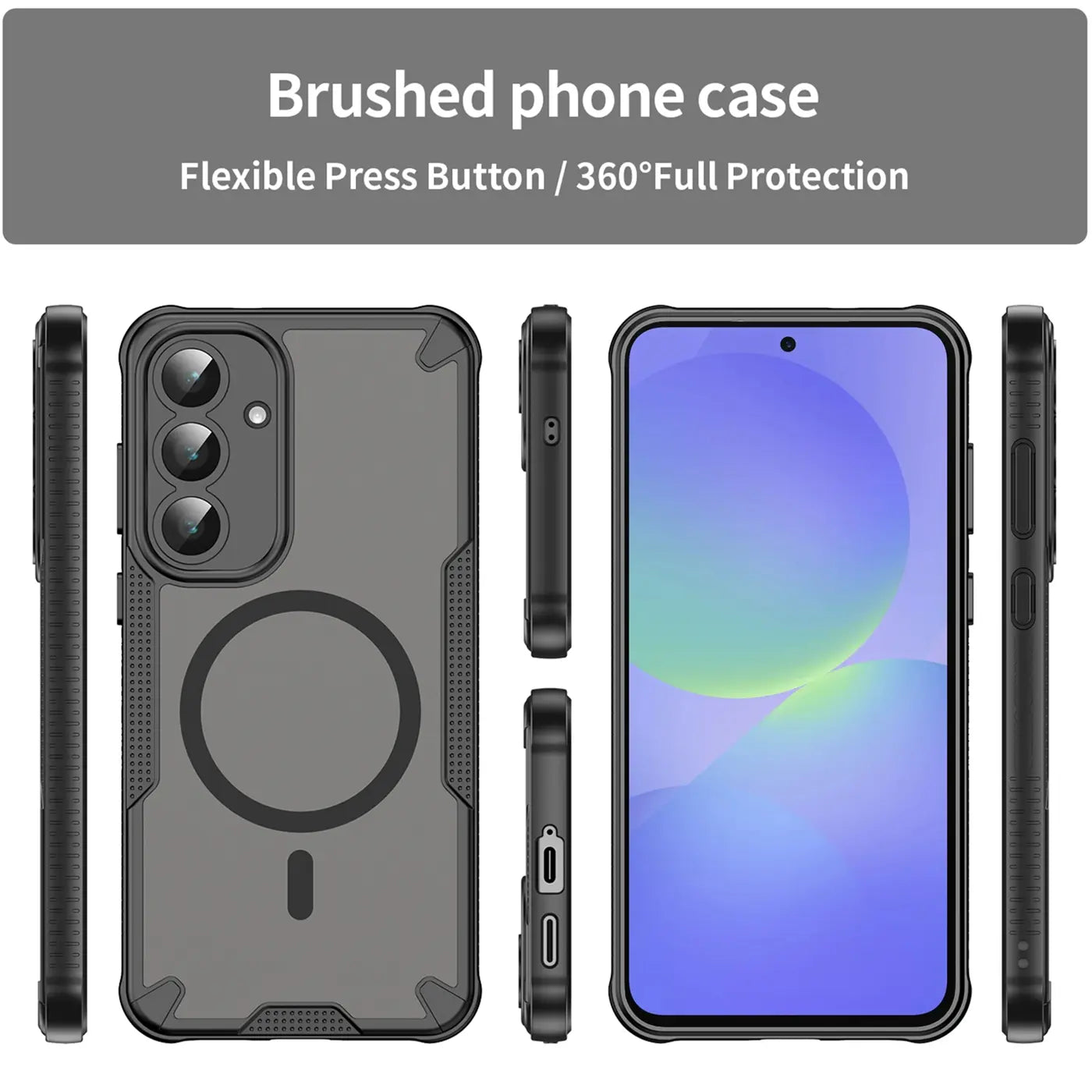 Graue Handyhülle aus Kunststoff mit MagSafe-Ring, zeigt Vorder- und Rückseite eines Samsung Galaxy A37 5G.