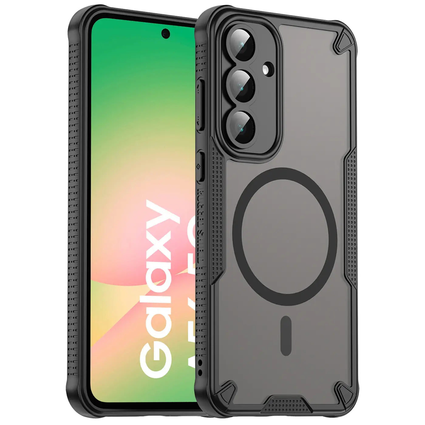 Schwarzes, stoßfestes MagSafe-Case aus Kunststoff für Samsung Galaxy A56 5G, von vorne links gezeigt.