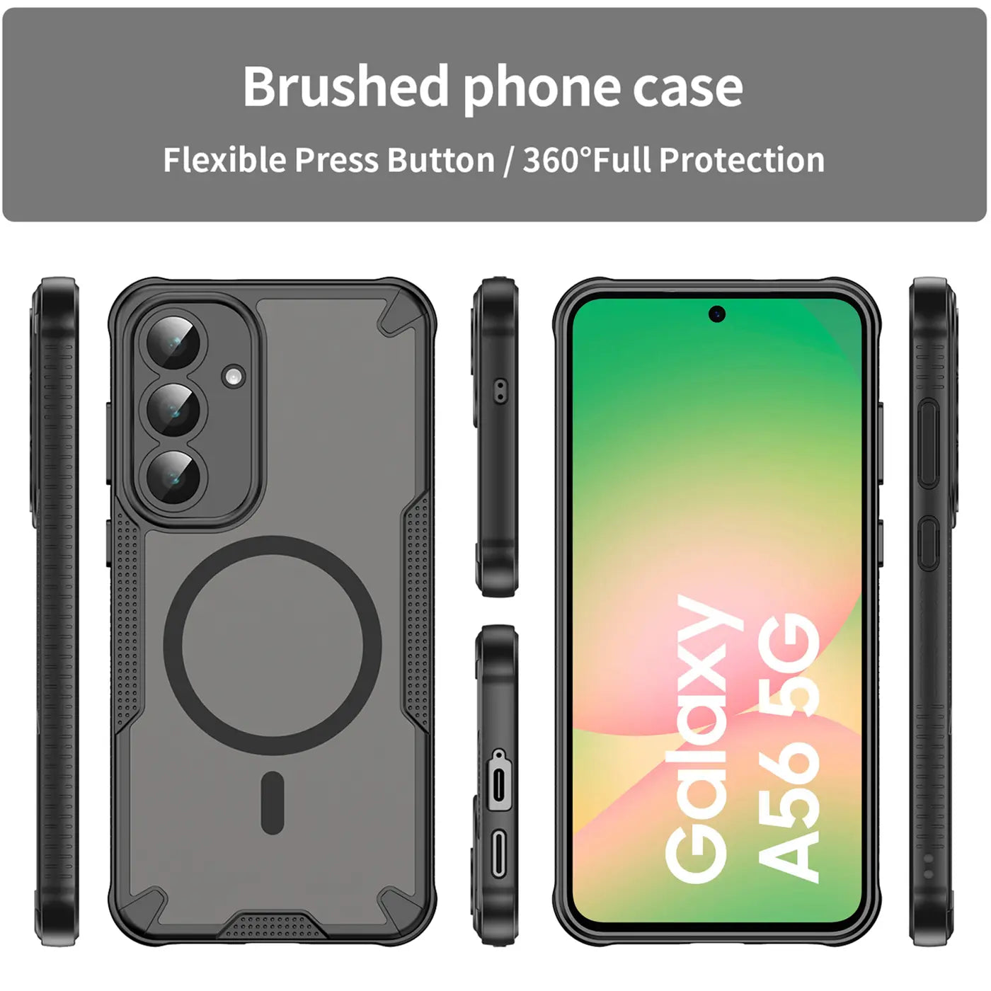 Graue Hülle mit MagSafe für Samsung Galaxy A56 5G, von vorne und Seite