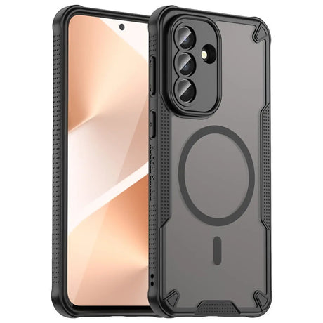 Schwarzes MagSafe-Case aus Kunststoff für Samsung Galaxy A57 5G, von vorne links gezeigt.