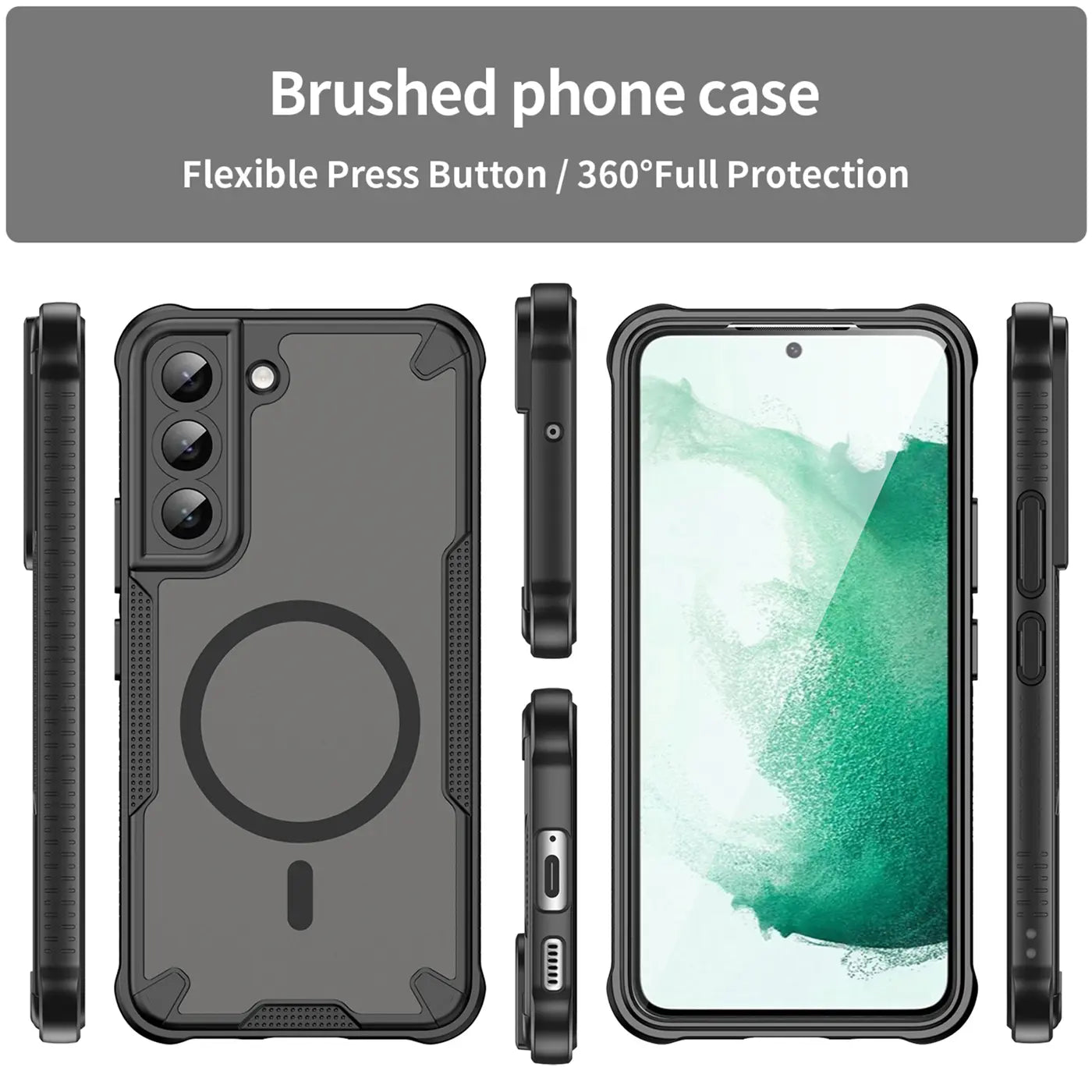 Dunkelgraues MagSafe-Case für Samsung Galaxy S22, von vorne, Seite, Rückseite, Oberseite, Unterseite