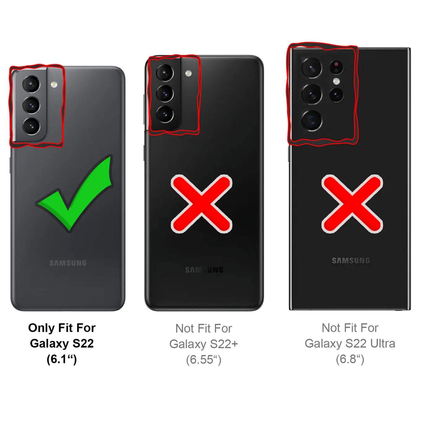 Drei schwarze Samsung-Smartphones, Rückansicht. Links mit Häkchen, Mitte/rechts mit Kreuz.